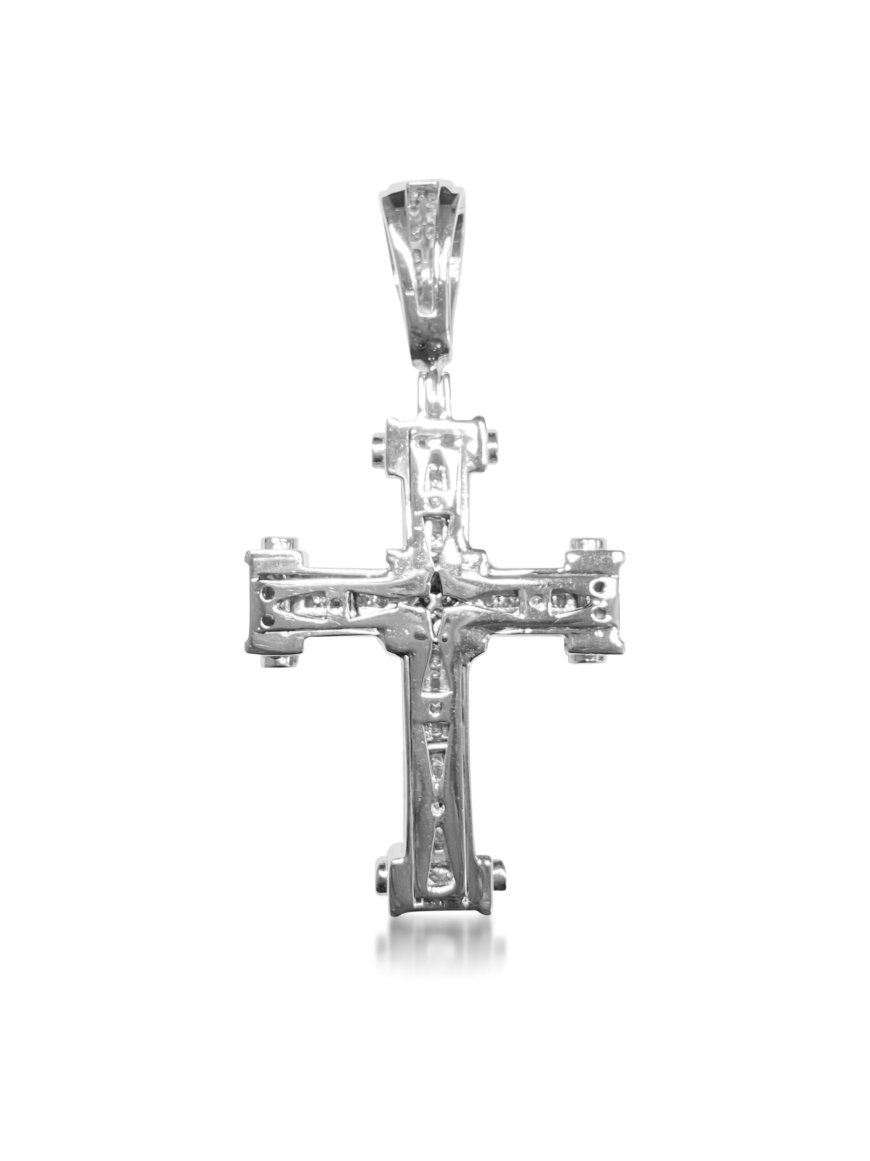 Crafted from elegant 14k white gold, this unisex religious cross pendant features a total diamond weight of 5 carats, boasting VS-SI clarity and G color for unparalleled brilliance. Weighing 35.15 grams, this exquisite piece showcases meticulous
