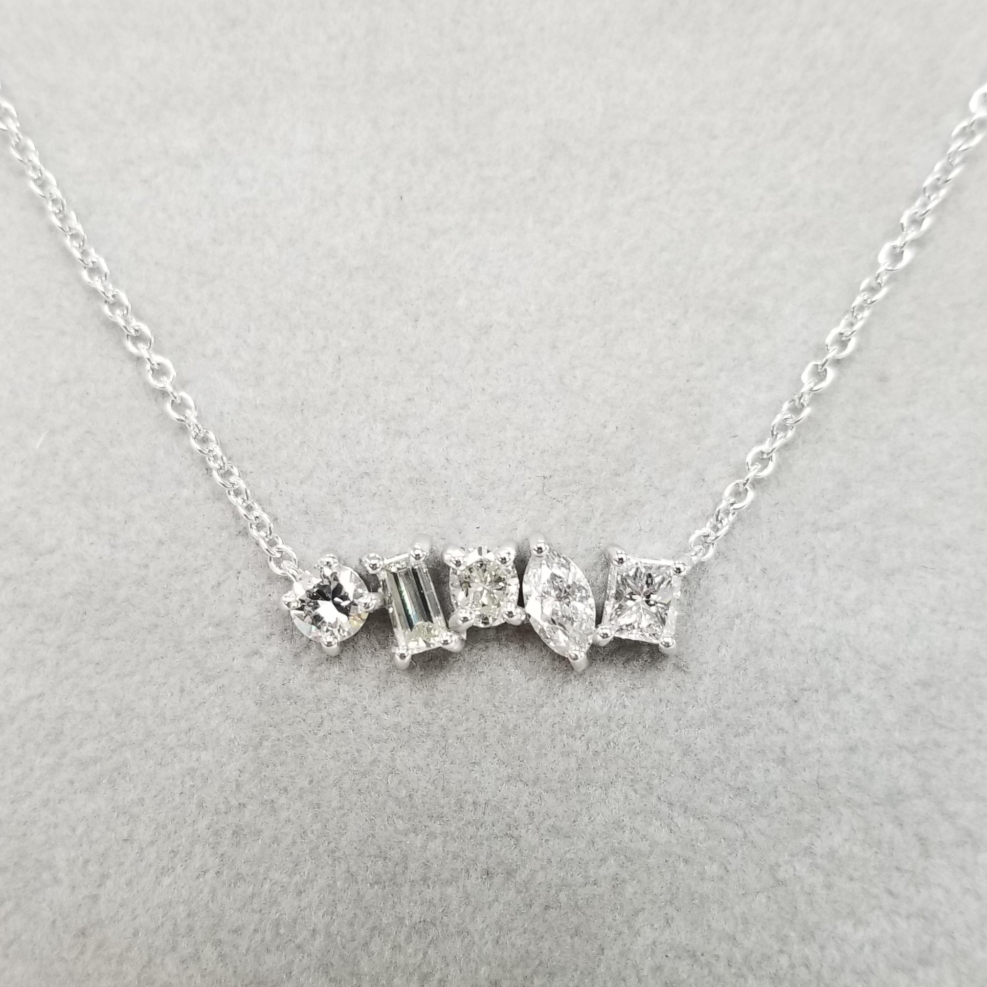 Modern 14k White Gold 5 Different Cut Prong Set Diamond Necklace with 1.20cts. in Dia For Sale