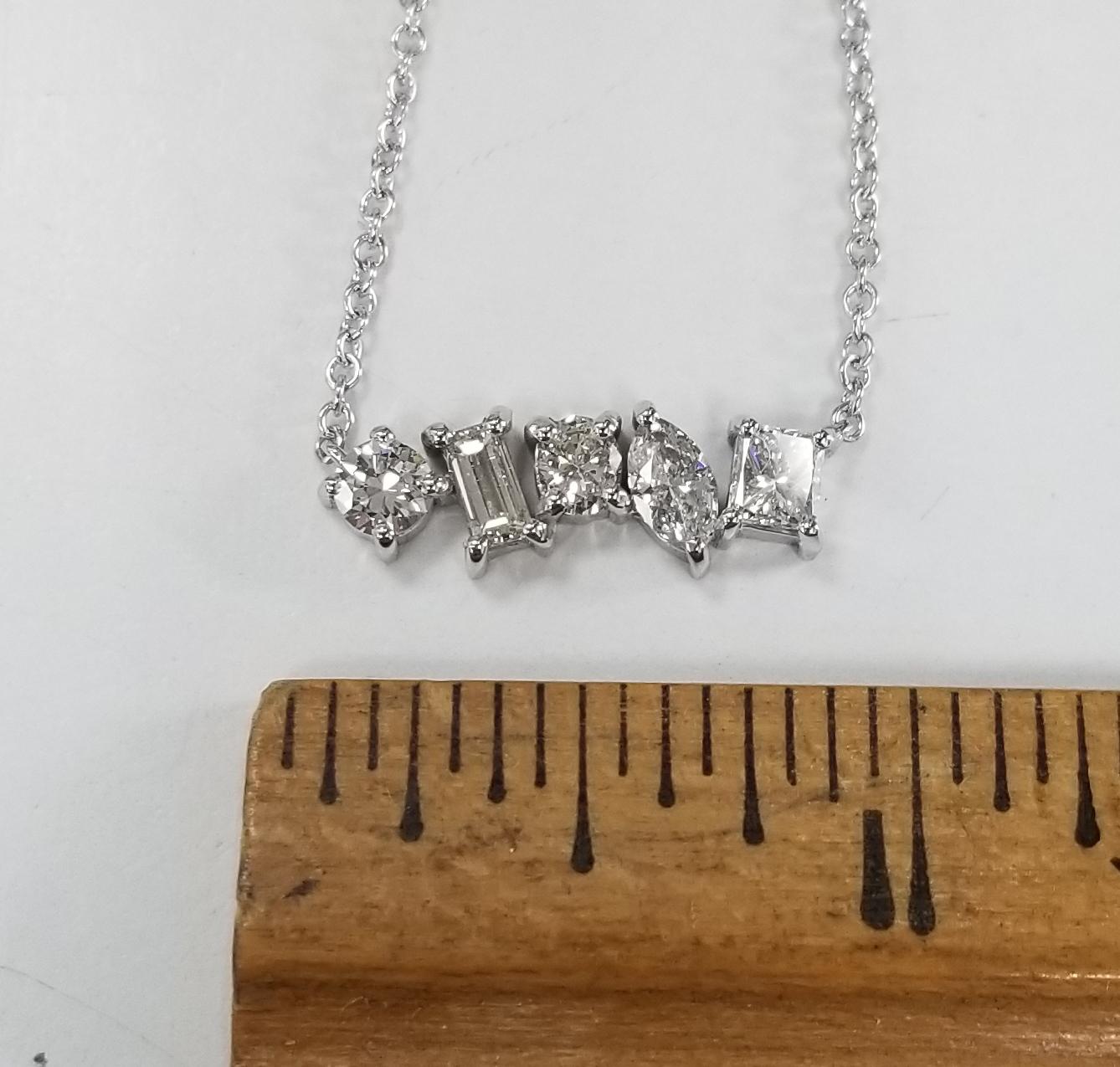 14k White Gold 5 Different Cut Prong Set Diamond Necklace with 1.20cts. in Dia In New Condition For Sale In Los Angeles, CA