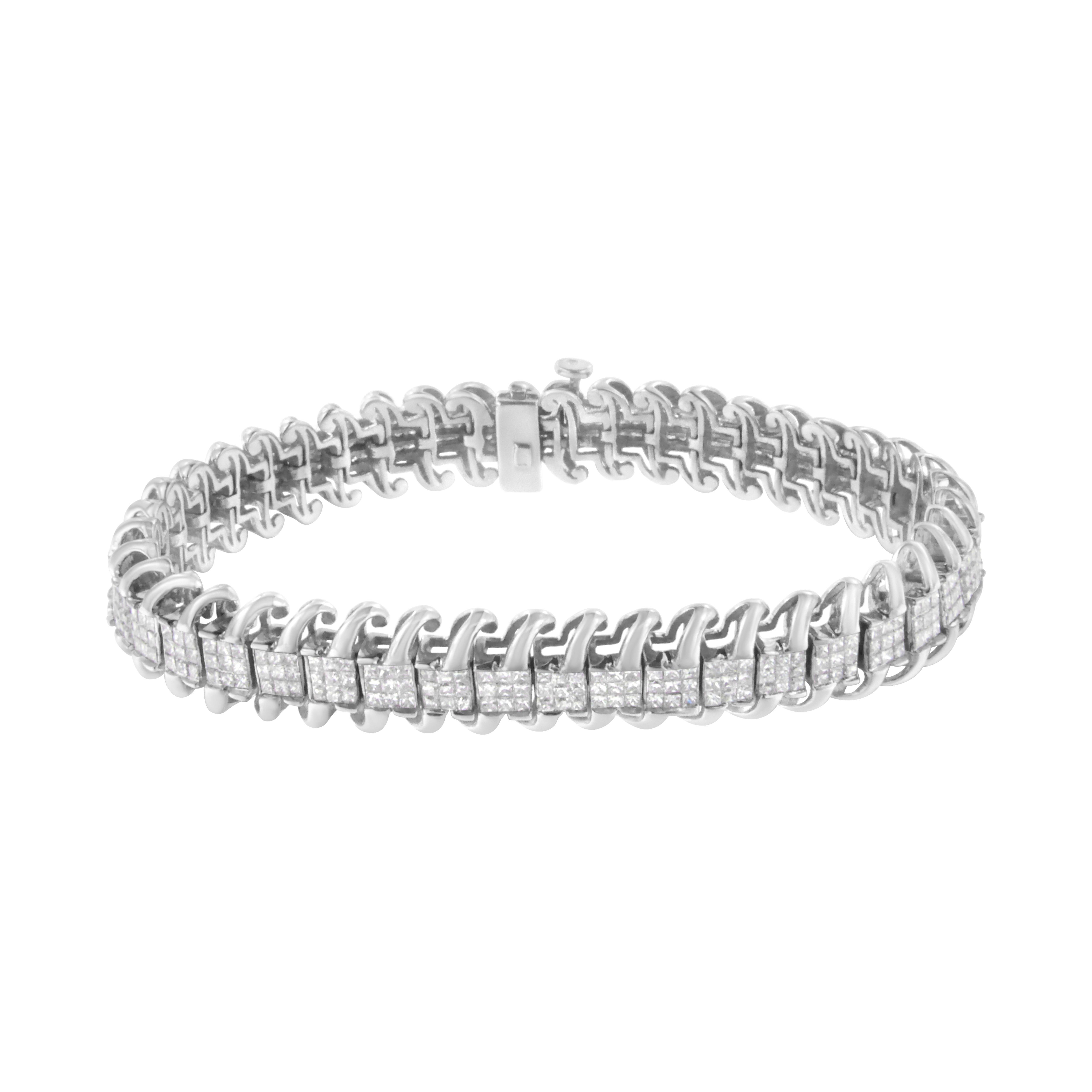 This unique and elegant 14k white gold tennis bracelet features 5 carats of beautiful, natural diamonds. This piece features square links, each set with 8 princess-cut diamonds and flanked by waves of white gold. This bracelet will add a luxurious