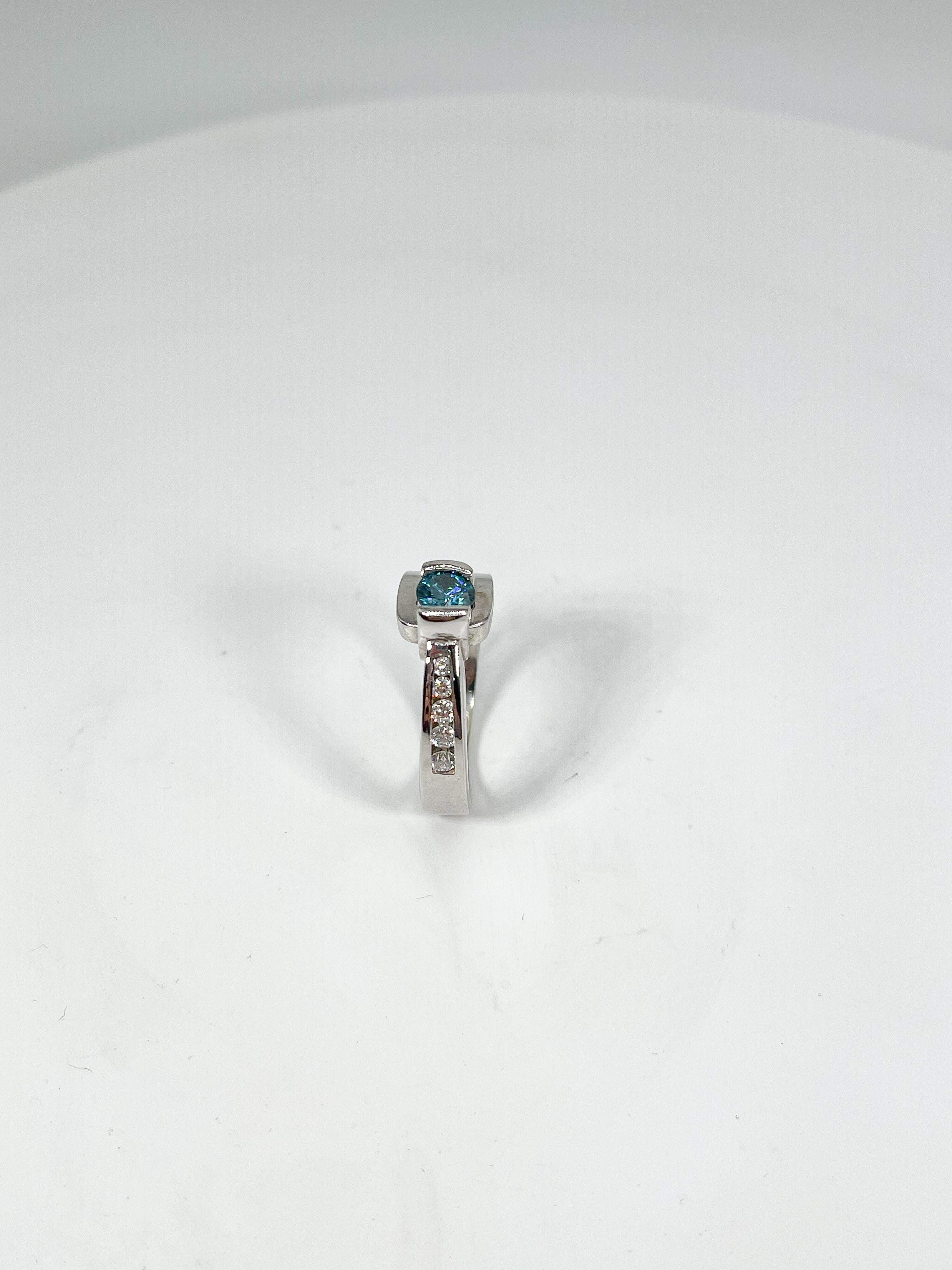Round Cut 14K White Gold .50 CT Irradiated Blue Diamond and .60 CTW White Diamond Ring For Sale