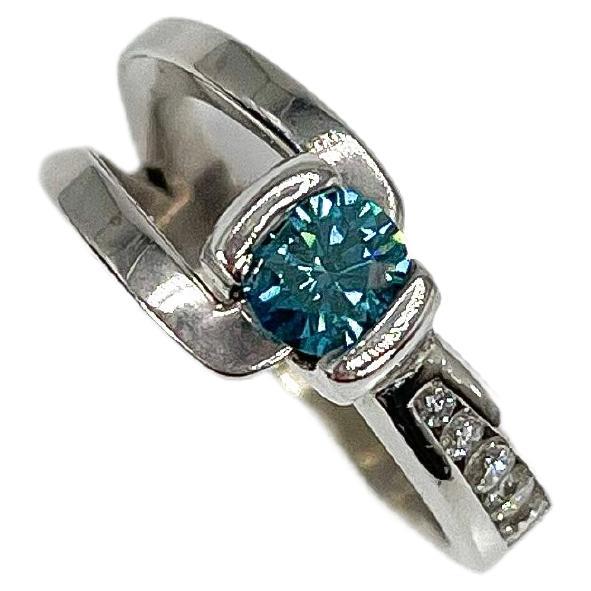 14K White Gold .50 CT Irradiated Blue Diamond and .60 CTW White Diamond Ring For Sale