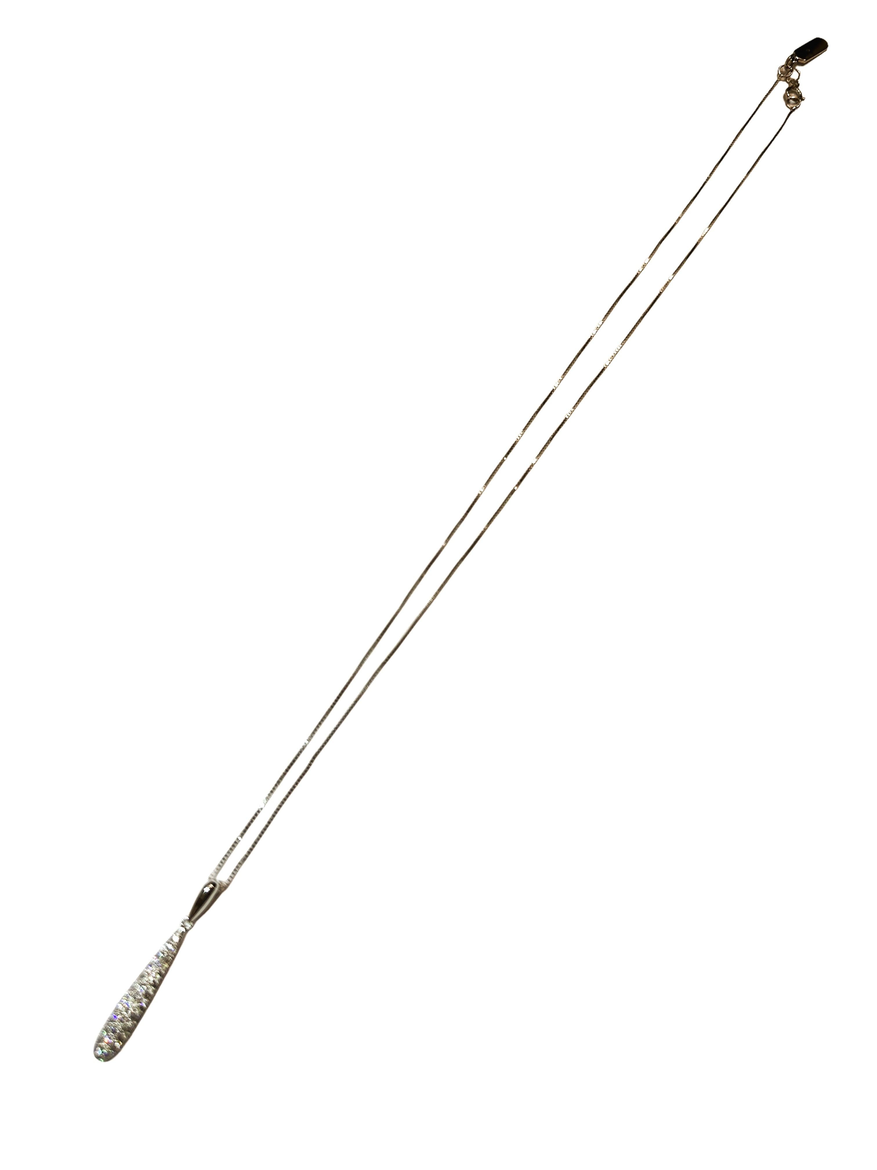 This is such a beautiful diamond pendant.  It's very classy.  It is on a beautiful 14k white gold chain that measures 17 inches.  It has 49 diamonds including one on the 