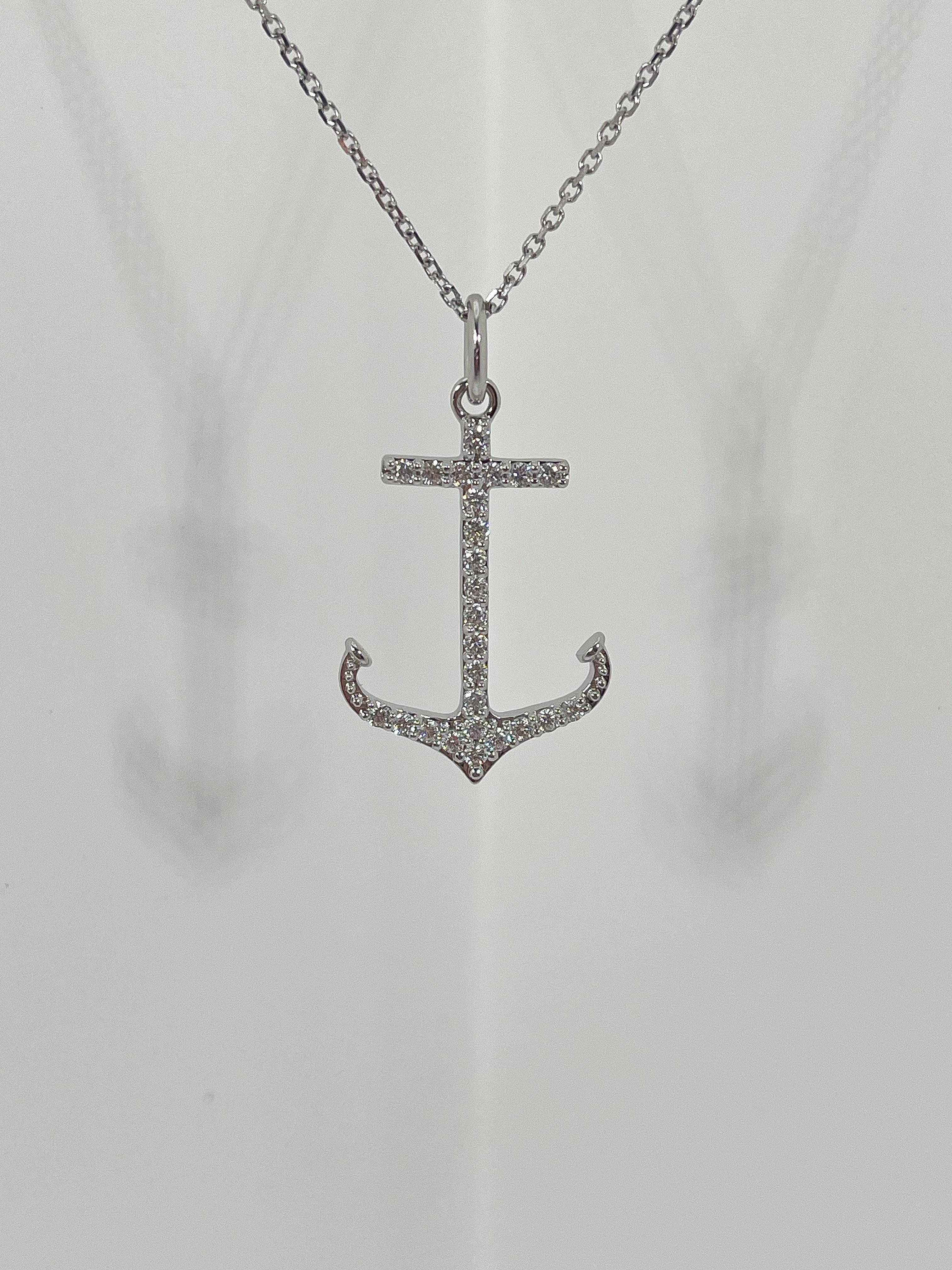 Round Cut 14K White Gold .50 CTW Diamond Anchor Pendant Necklace For Sale