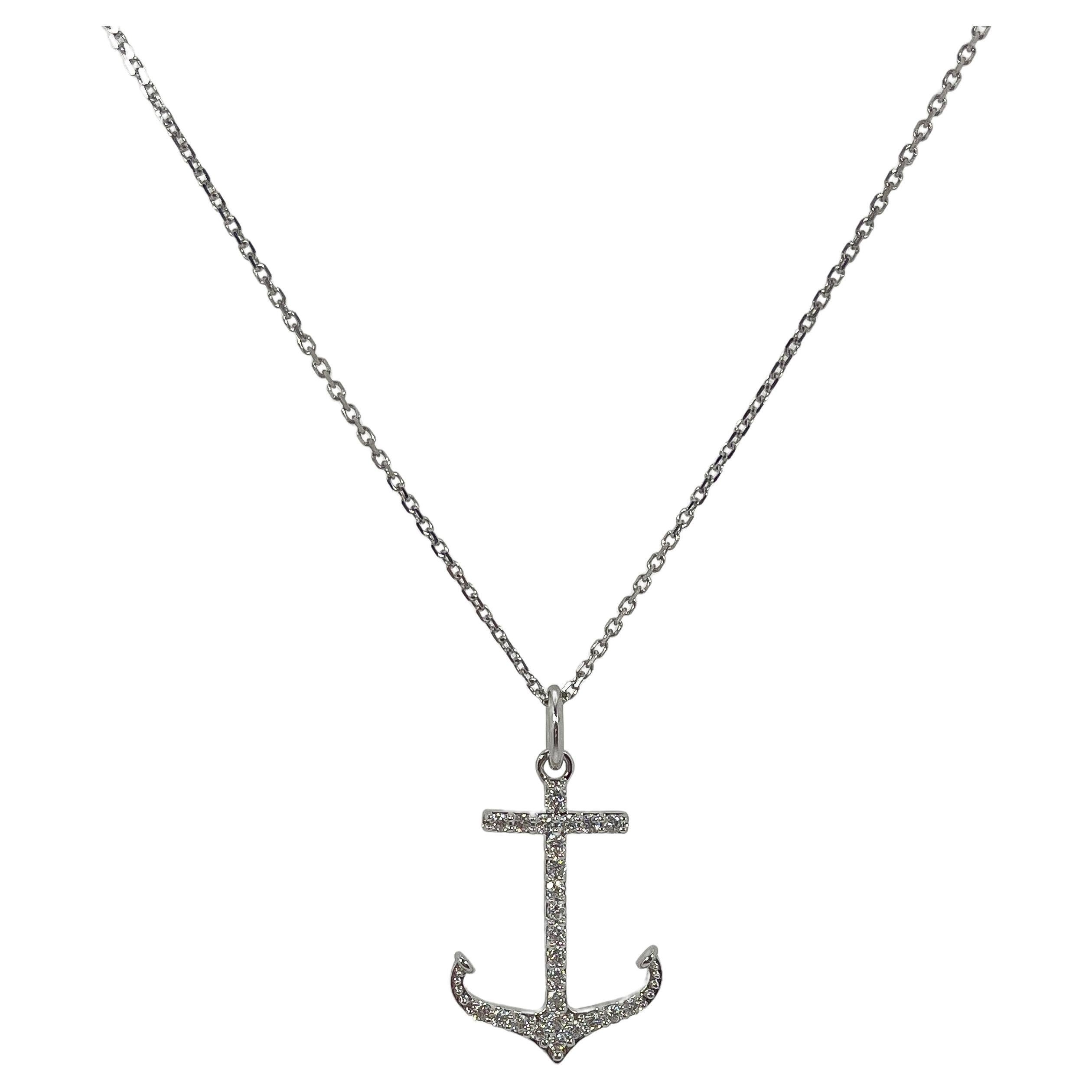 14K White Gold .50 CTW Diamond Anchor Pendant Necklace For Sale