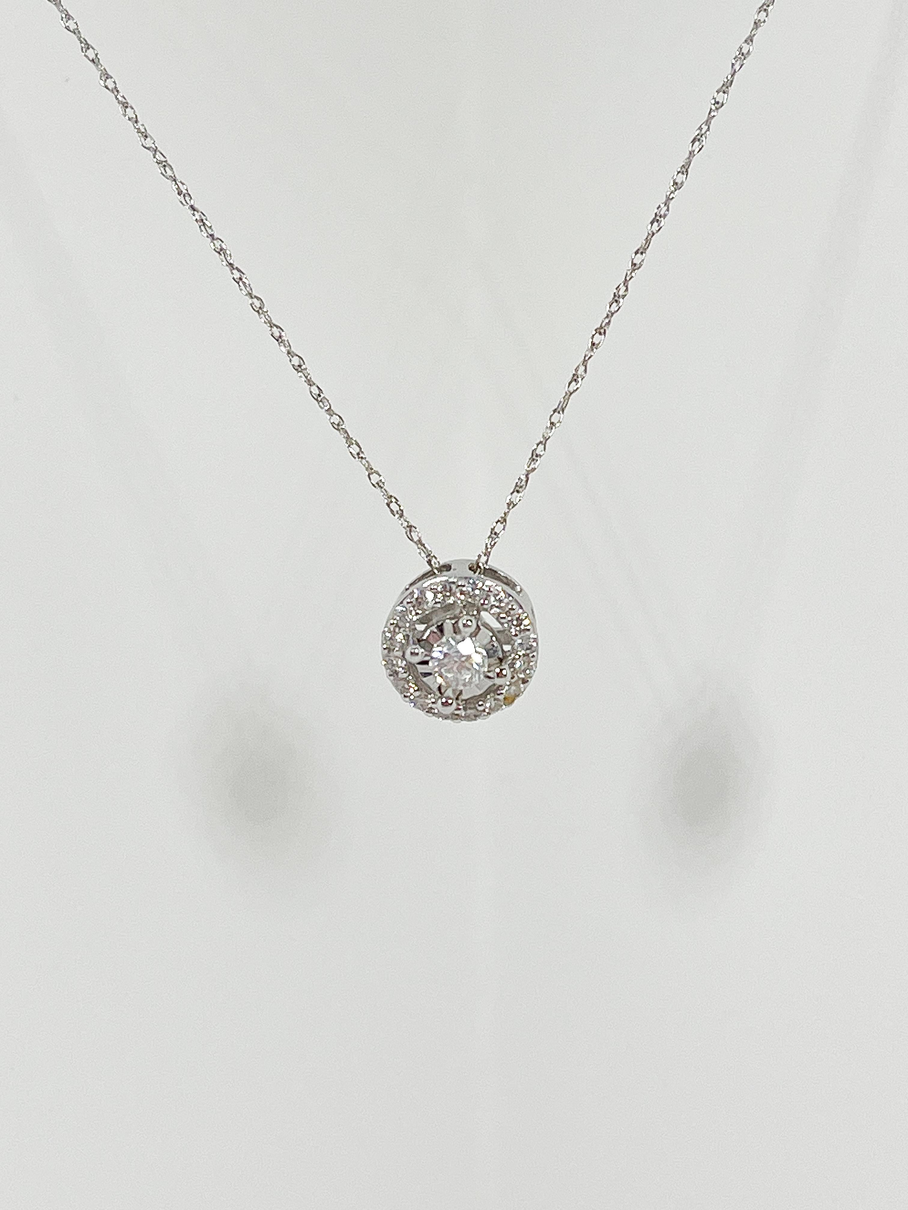 Round Cut 14K White Gold .50 CTW Diamond Halo Pendant Necklace For Sale
