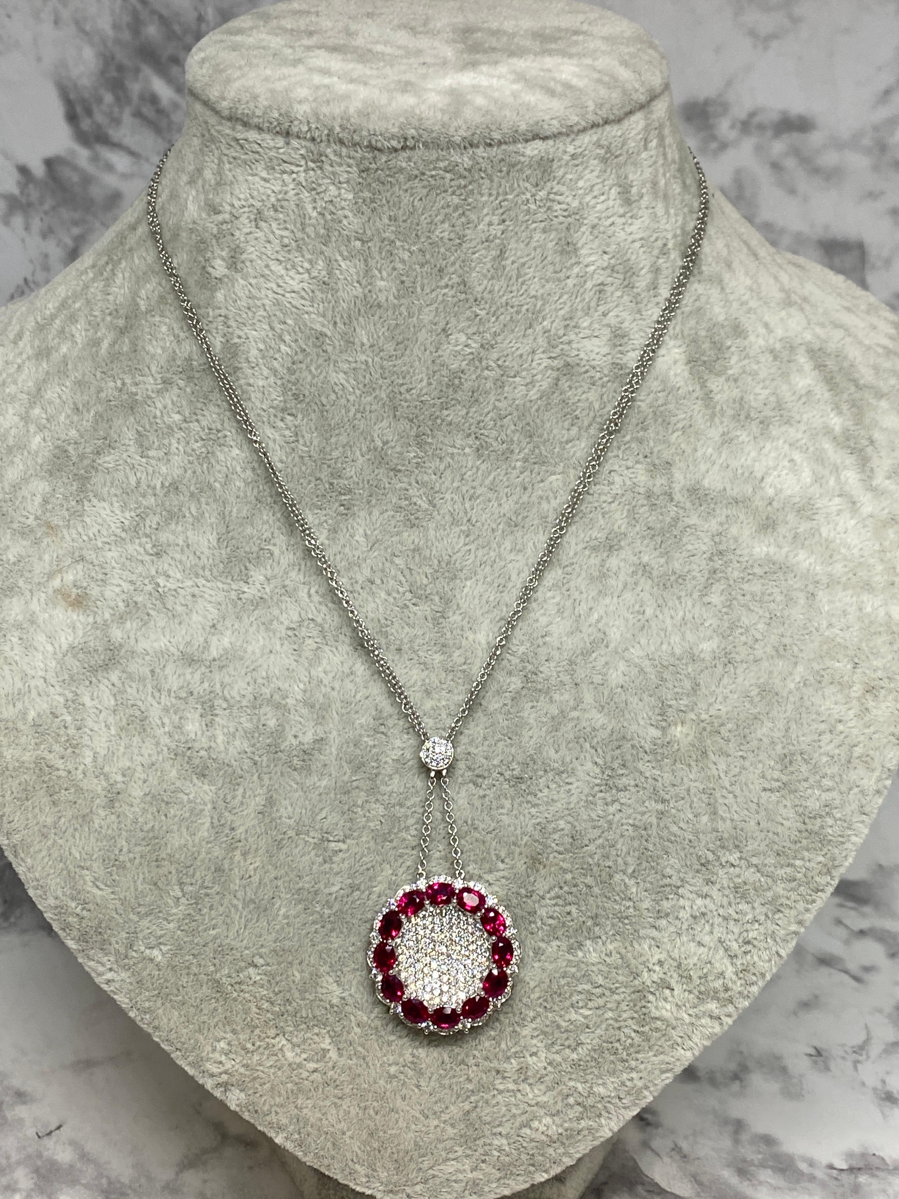 14k White Gold 5.04cttw Natural Ruby & Diamond Round Pendant Necklace  For Sale 7