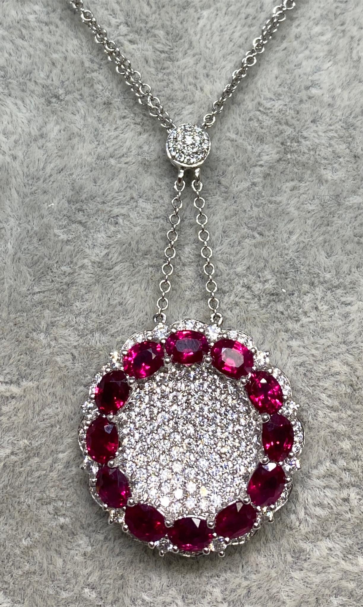 Round Cut 14k White Gold 5.04cttw Natural Ruby & Diamond Round Pendant Necklace  For Sale