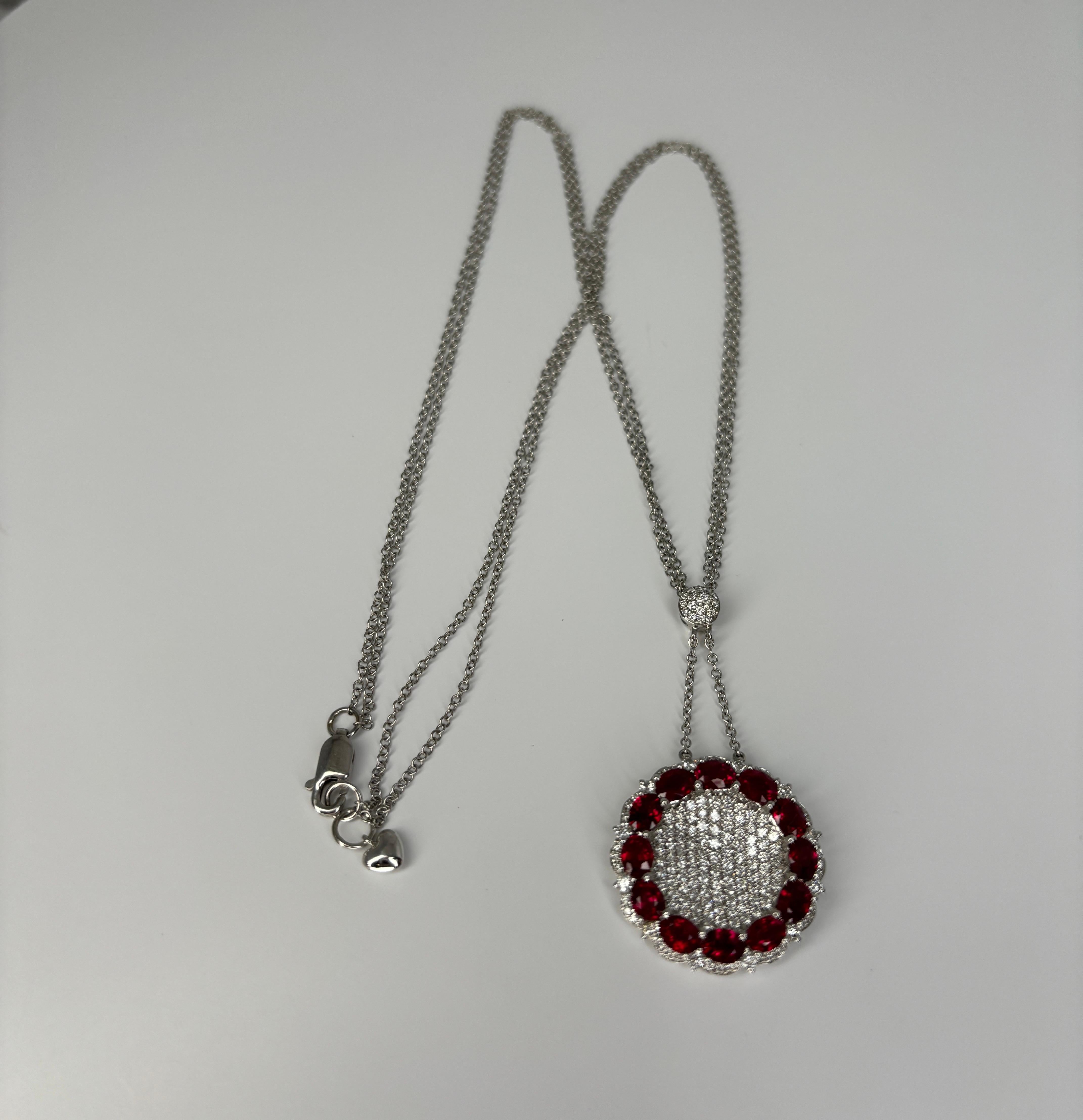 14k White Gold 5.04cttw Natural Ruby & Diamond Round Pendant Necklace  In Good Condition For Sale In Bernardsville, NJ