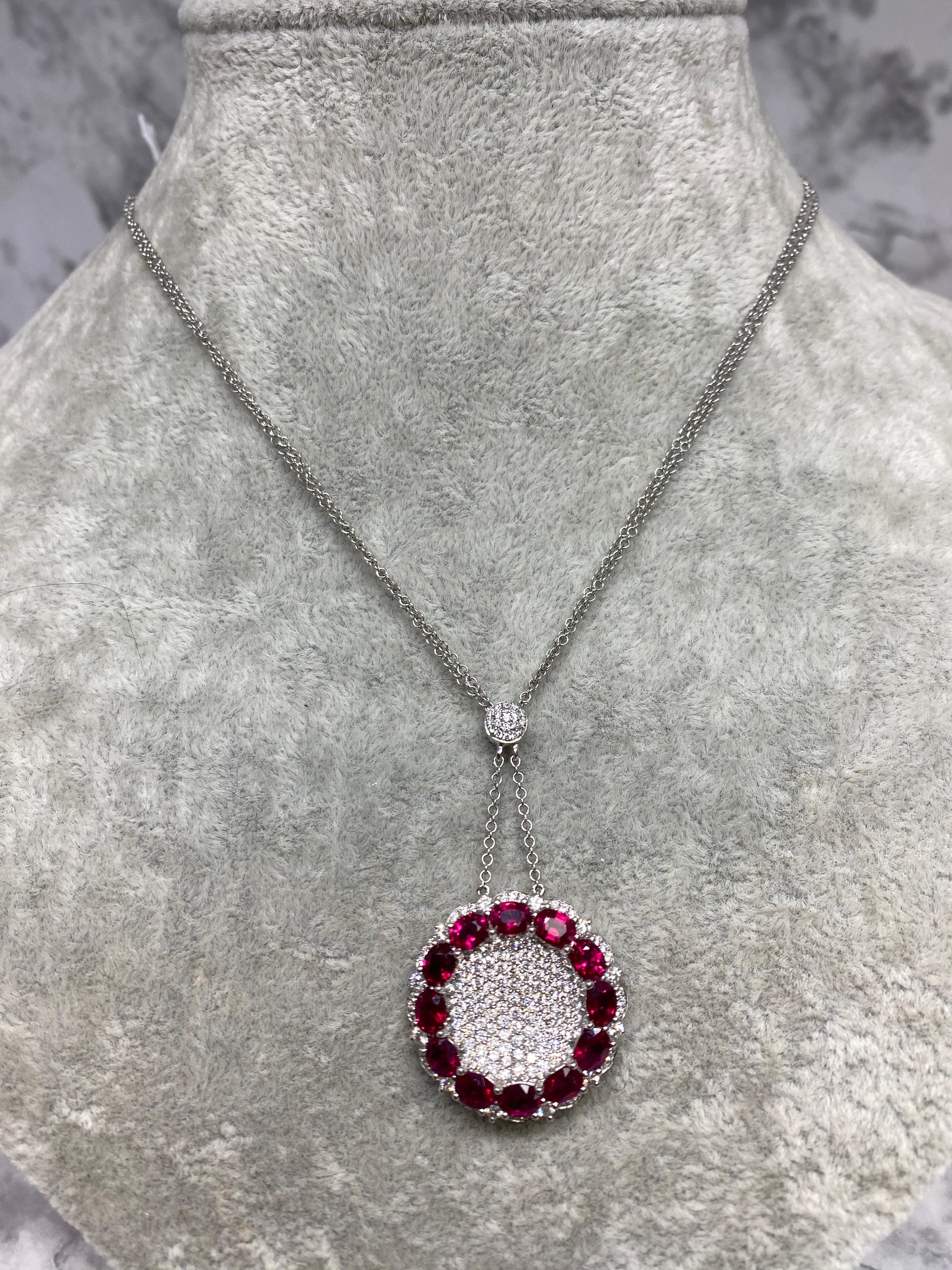 14k White Gold 5.04cttw Natural Ruby & Diamond Round Pendant Necklace  For Sale 2