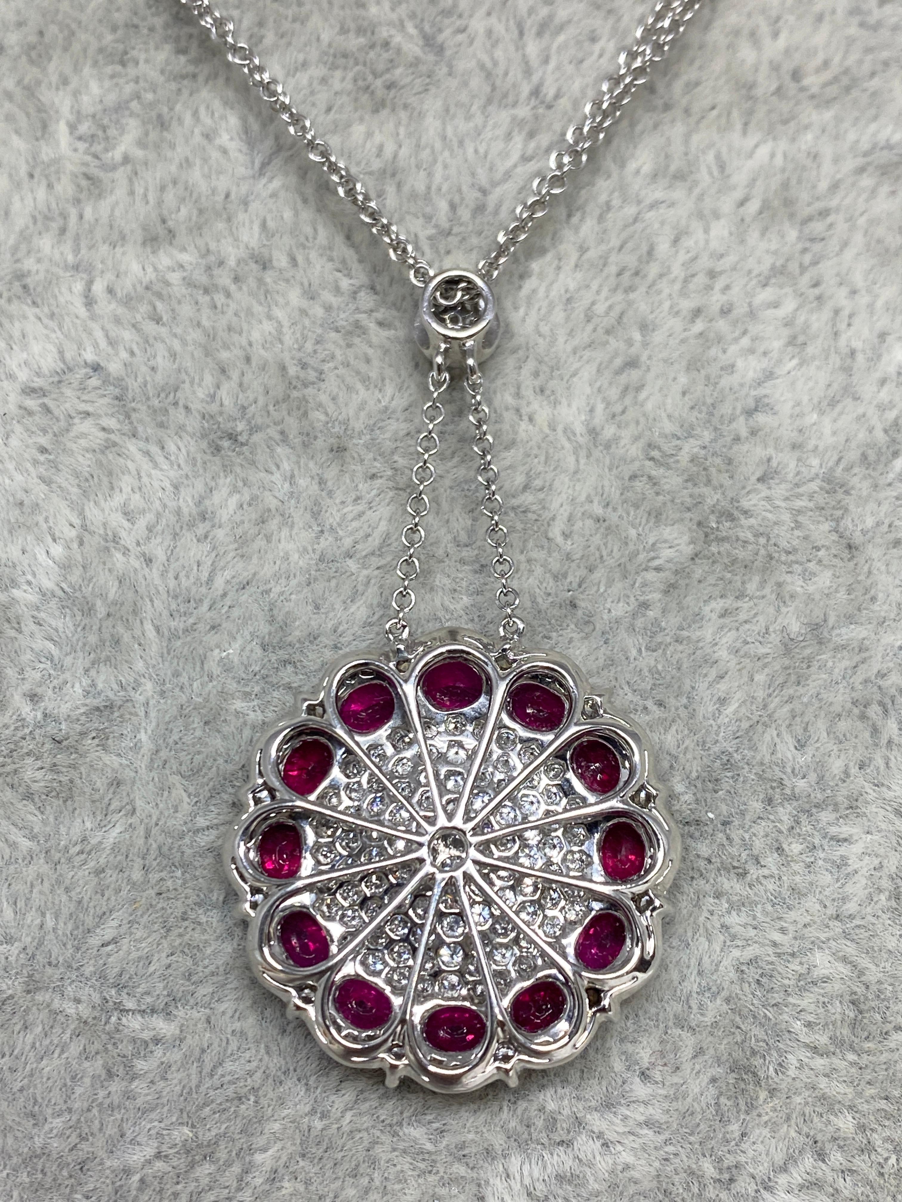 14k White Gold 5.04cttw Natural Ruby & Diamond Round Pendant Necklace  For Sale 4