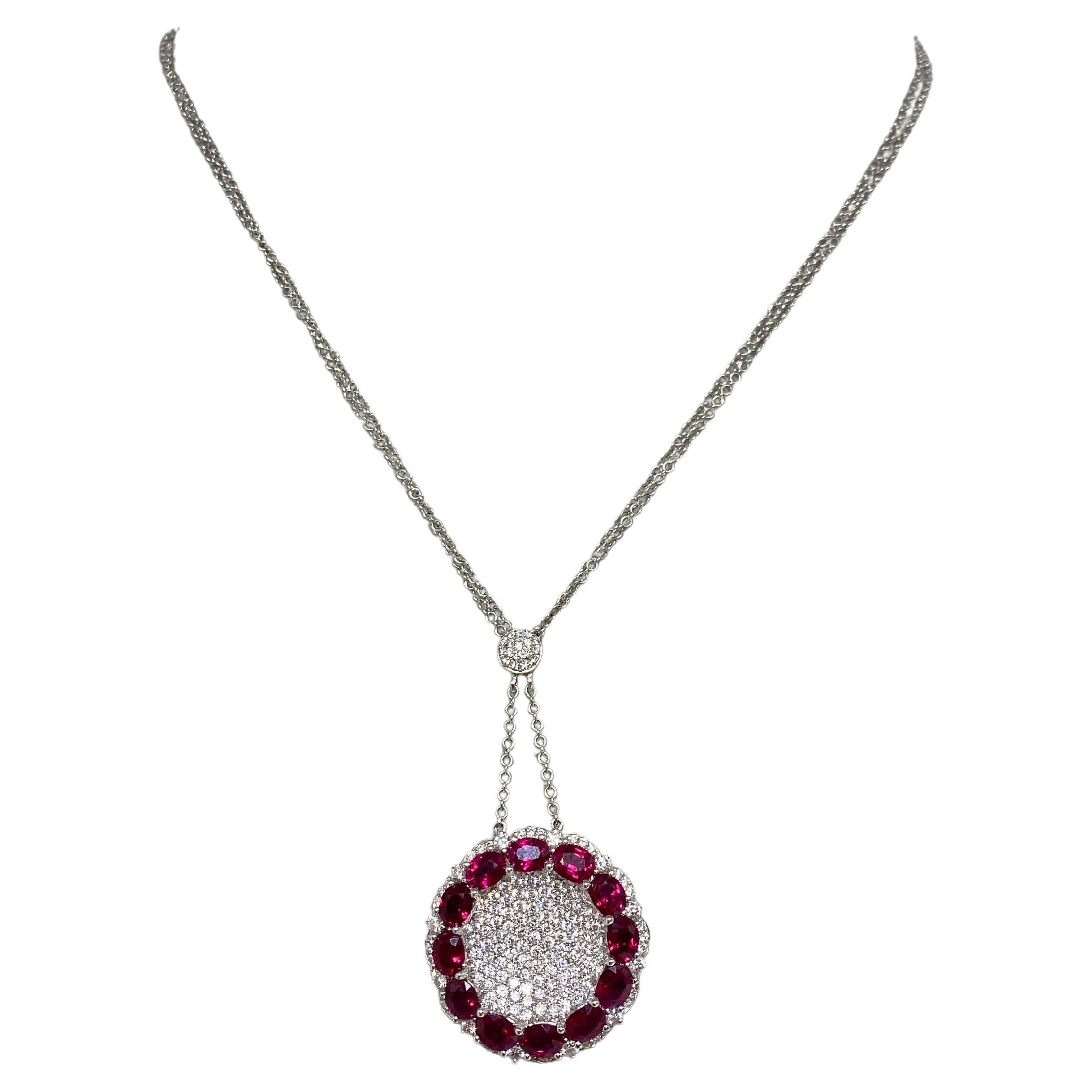 14k White Gold 5.04cttw Natural Ruby & Diamond Round Pendant Necklace  For Sale