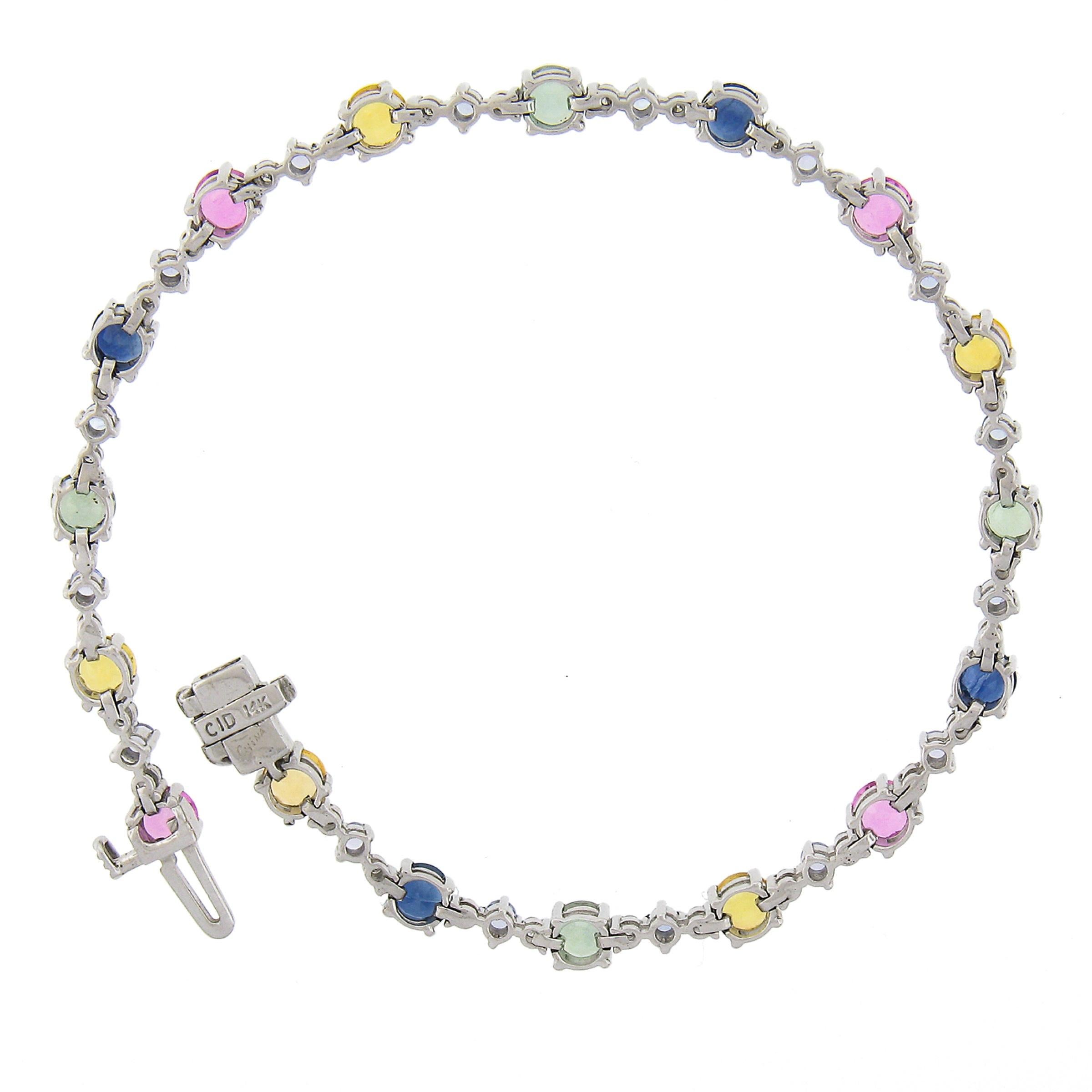 Round Cut 14k White Gold 5.40ctw Multi Color Rainbow Sapphire Diamond Line Link Bracelet For Sale
