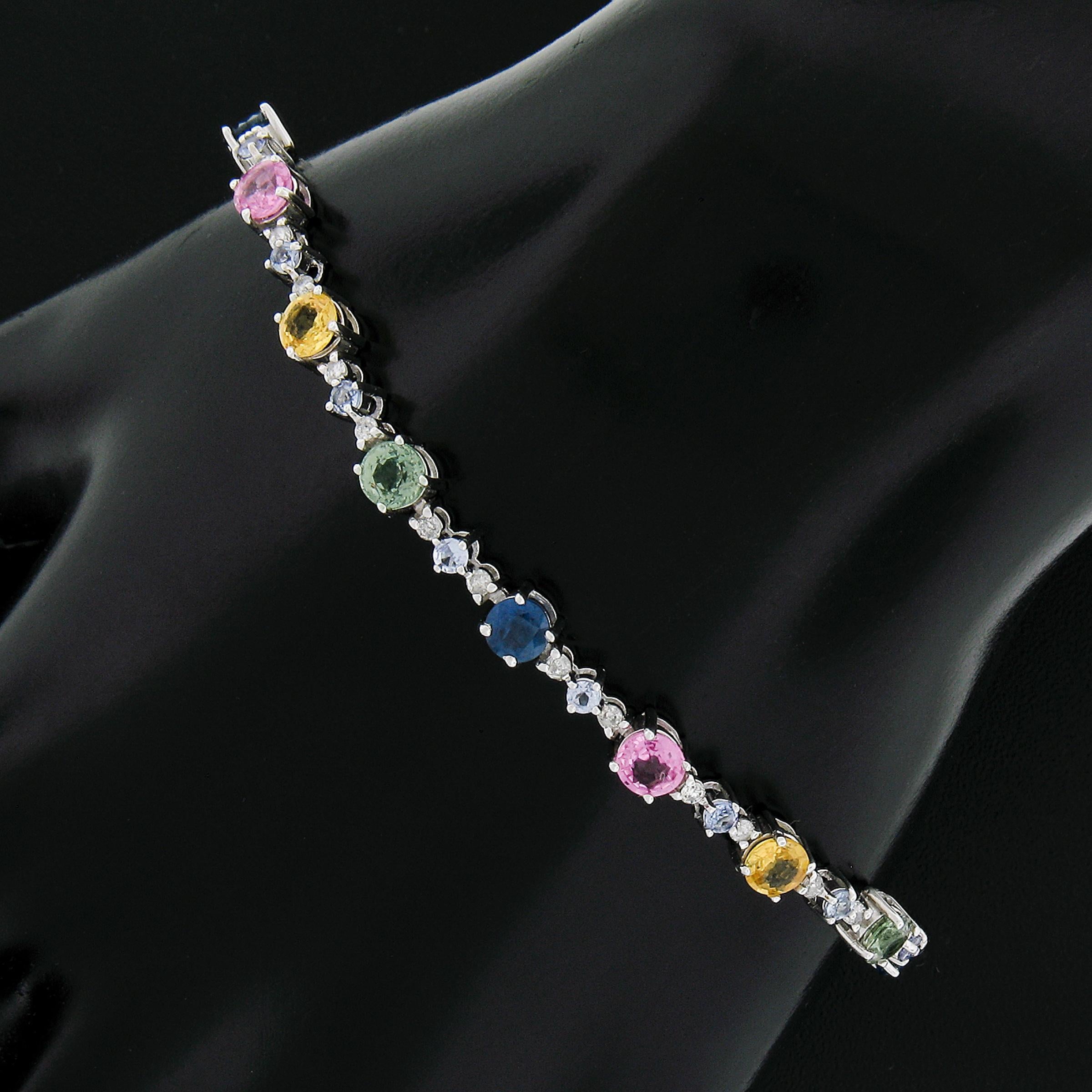 14k White Gold 5.40ctw Multi Color Rainbow Sapphire Diamond Line Link Bracelet In Excellent Condition For Sale In Montclair, NJ