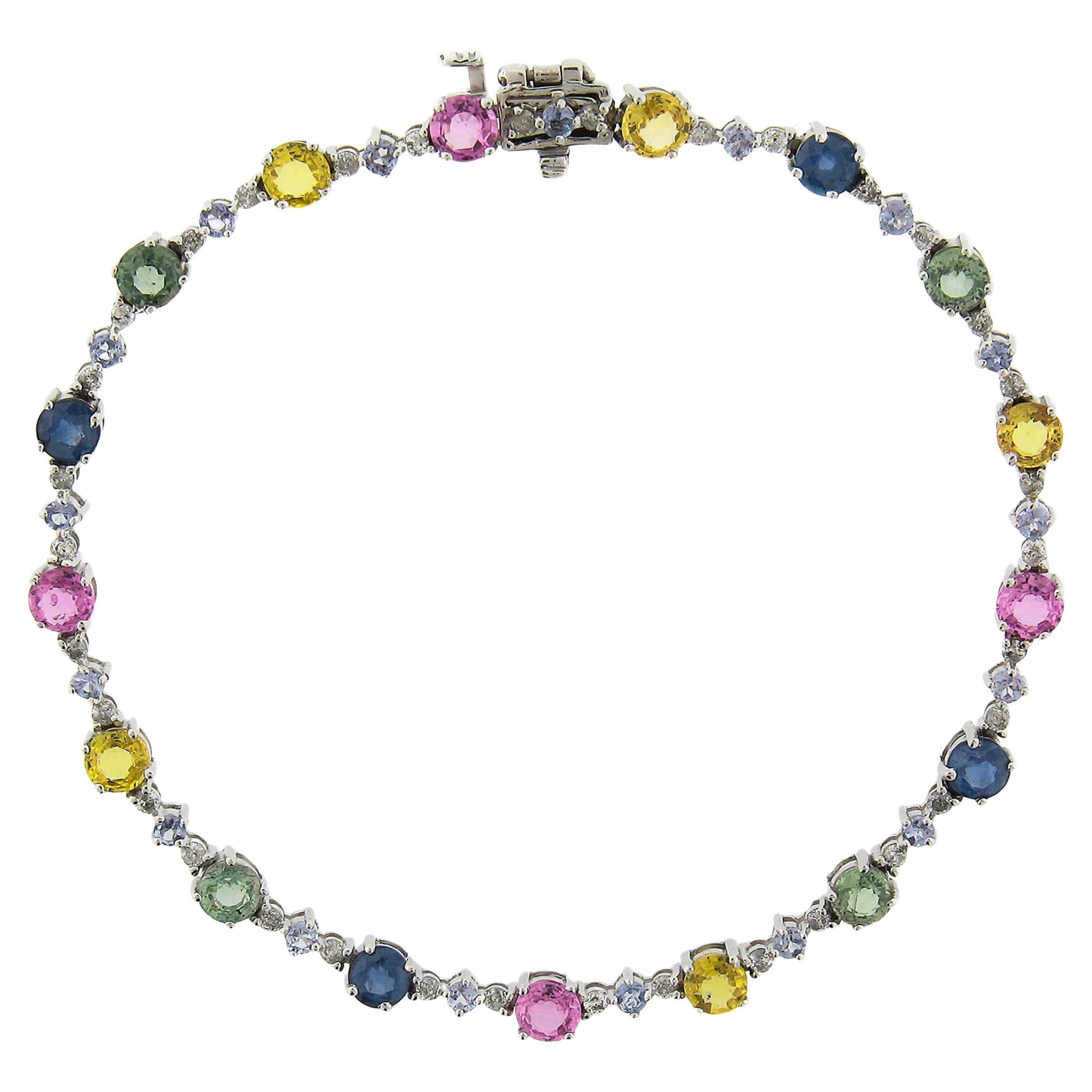 14k White Gold 5.40ctw Multi Color Rainbow Sapphire Diamond Line Link Bracelet For Sale