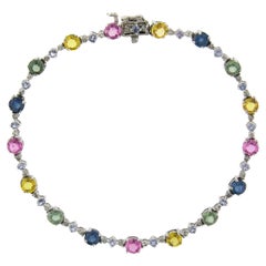 14k White Gold 5.40ctw Multi Color Rainbow Sapphire Diamond Line Link Bracelet