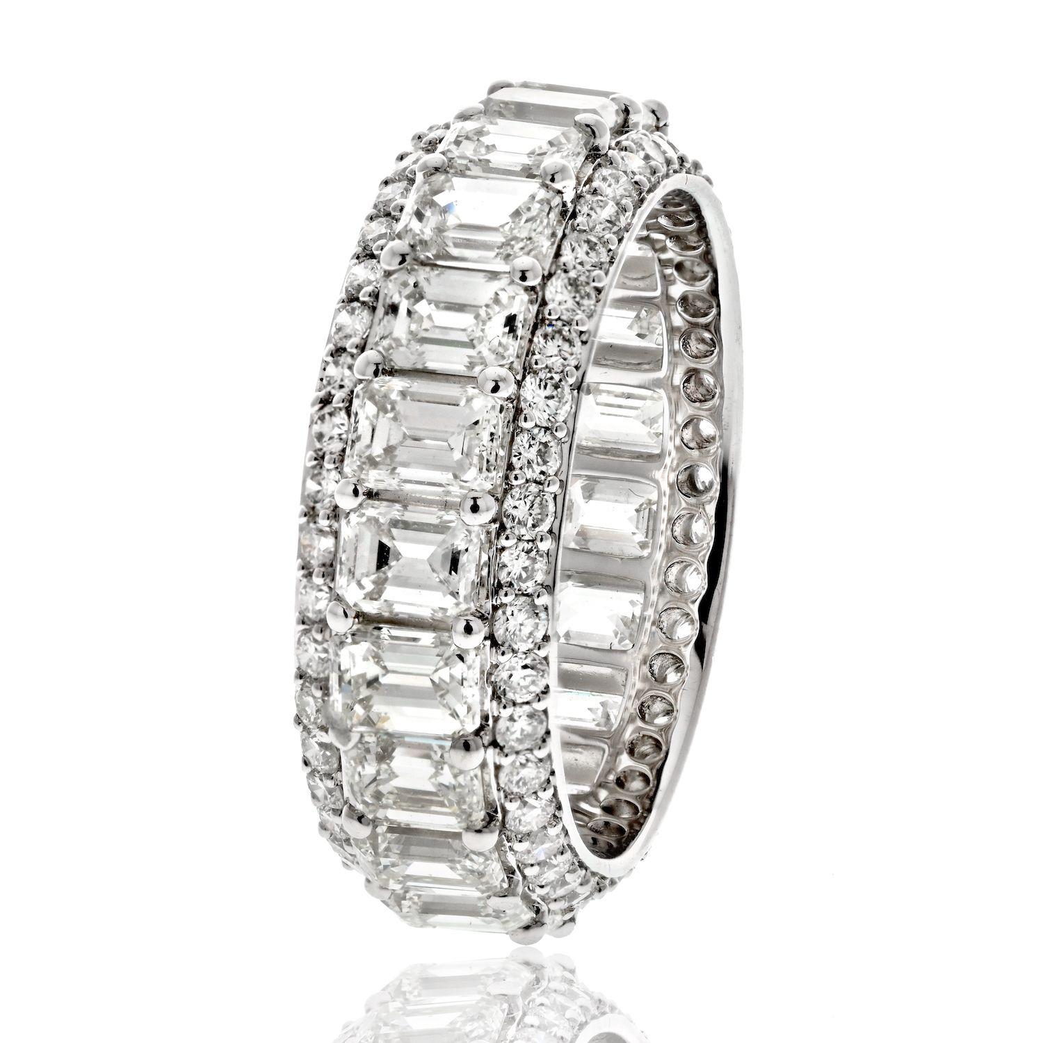 Newly made this classic emerald cut and round cut diamond eternity band is an excellent choice if you are shopping for an exciting wedding band or an anniversary ring. Crafted in 14k white gold with clean white emerald cut diamonds and full cut