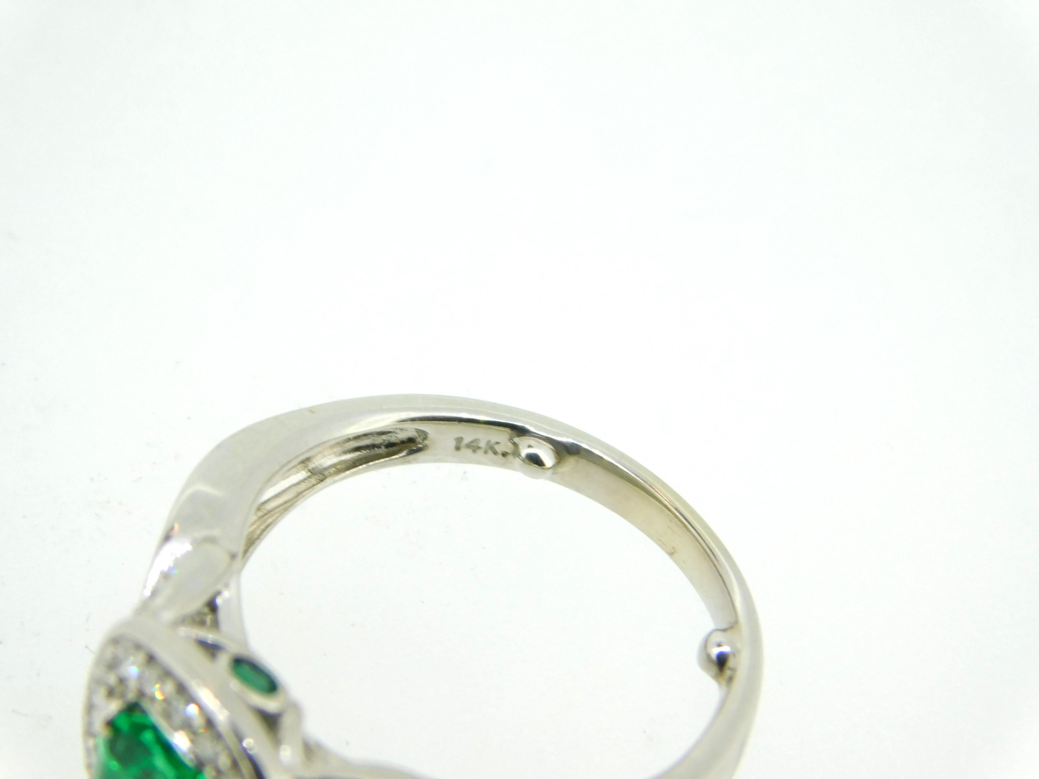 14k White Gold .56ct Genuine Natural Emerald and Diamond Halo Ring '#J5003' In Excellent Condition For Sale In Big Bend, WI