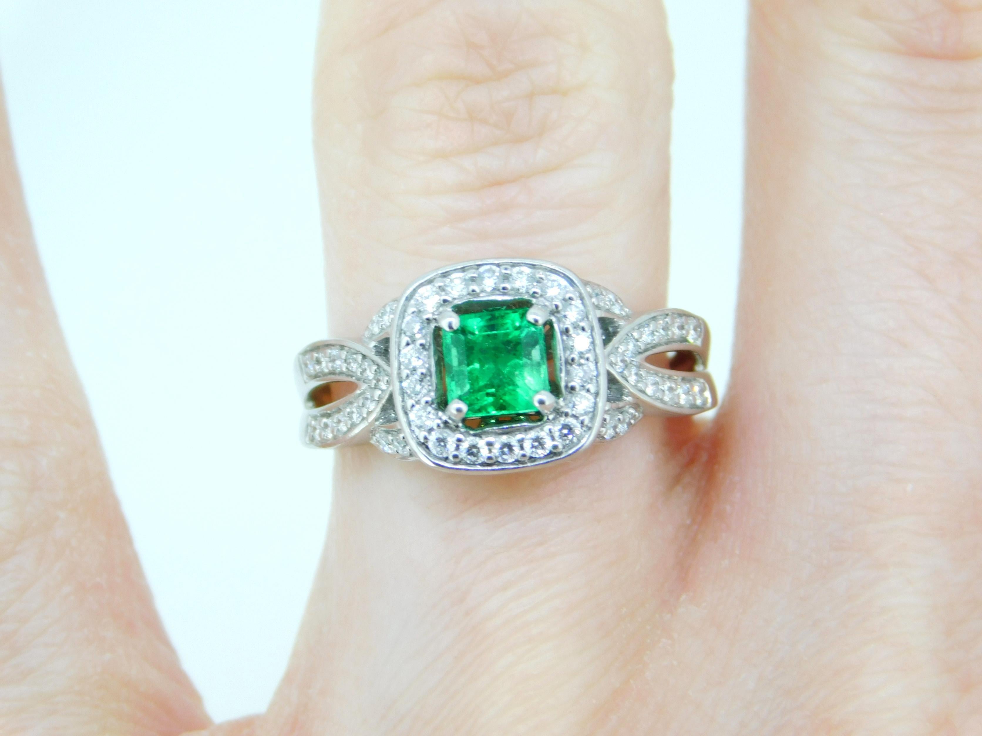 Women's or Men's 14k White Gold .56ct Genuine Natural Emerald and Diamond Halo Ring '#J5003' For Sale