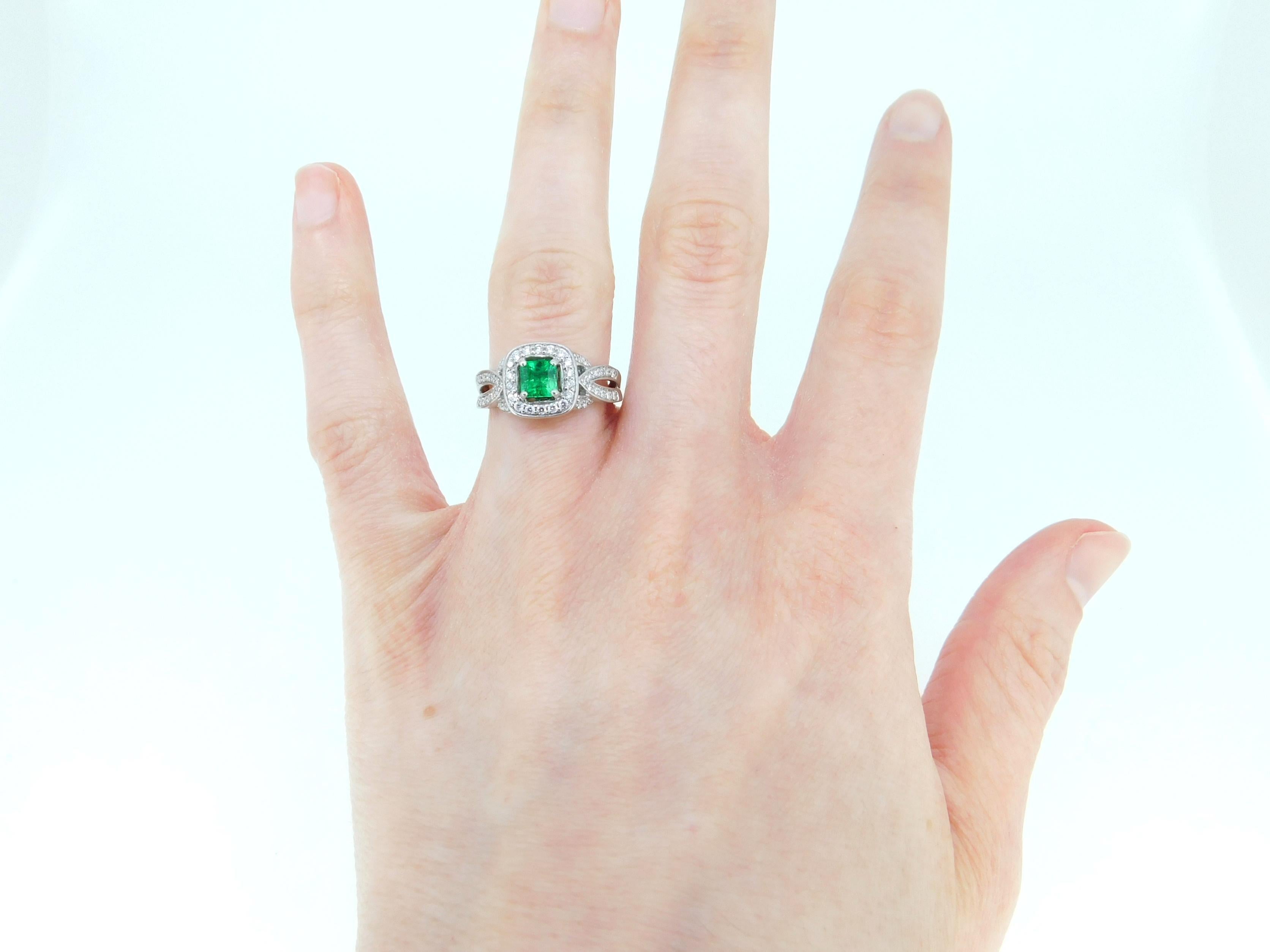 14k White Gold .56ct Genuine Natural Emerald and Diamond Halo Ring '#J5003' For Sale 1
