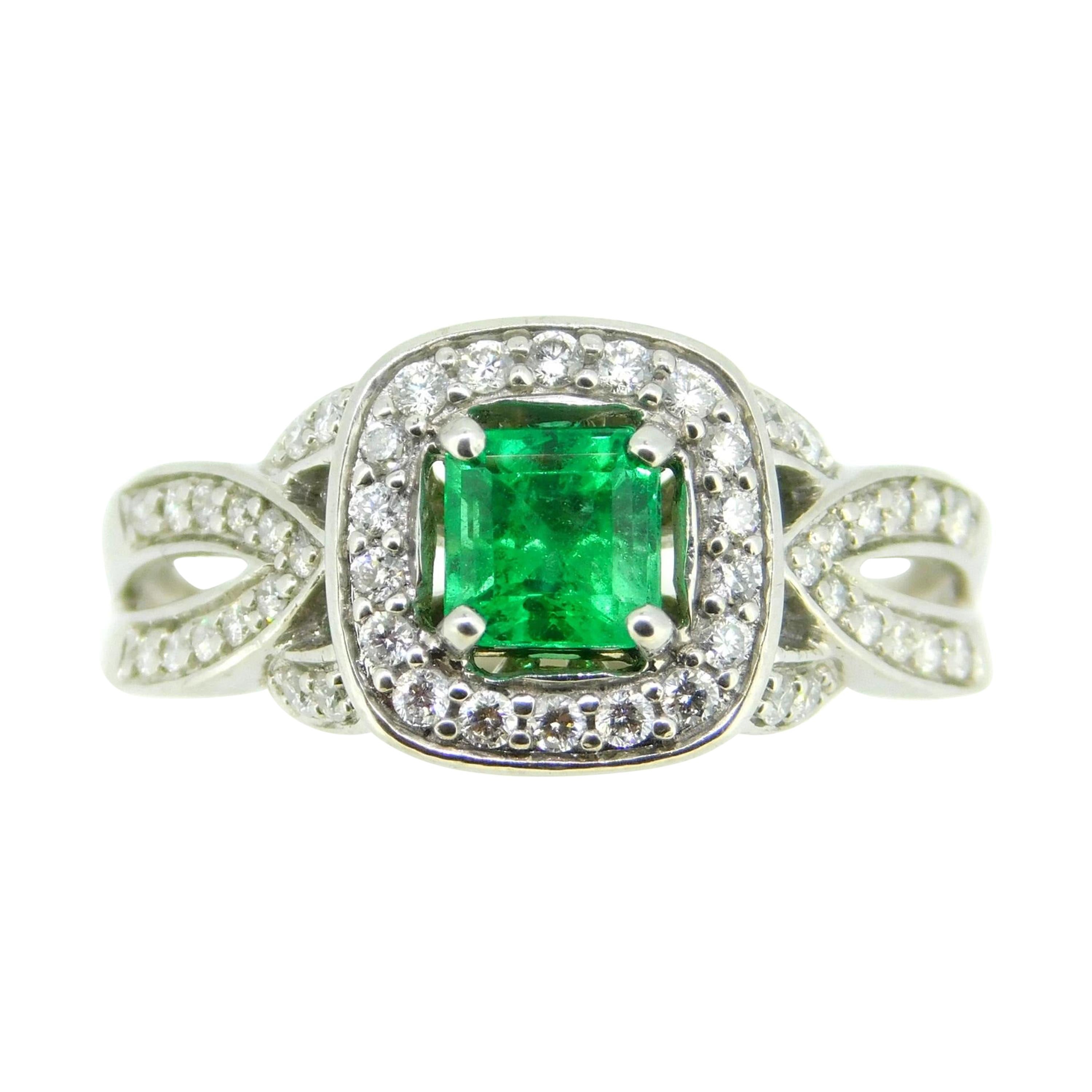 14k White Gold .56ct Genuine Natural Emerald and Diamond Halo Ring '#J5003' For Sale