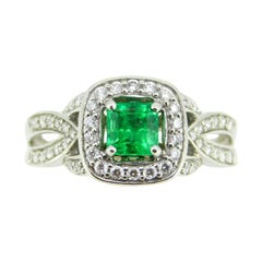 Vintage 14k White Gold .56ct Genuine Natural Emerald and Diamond Halo Ring '#J5003'