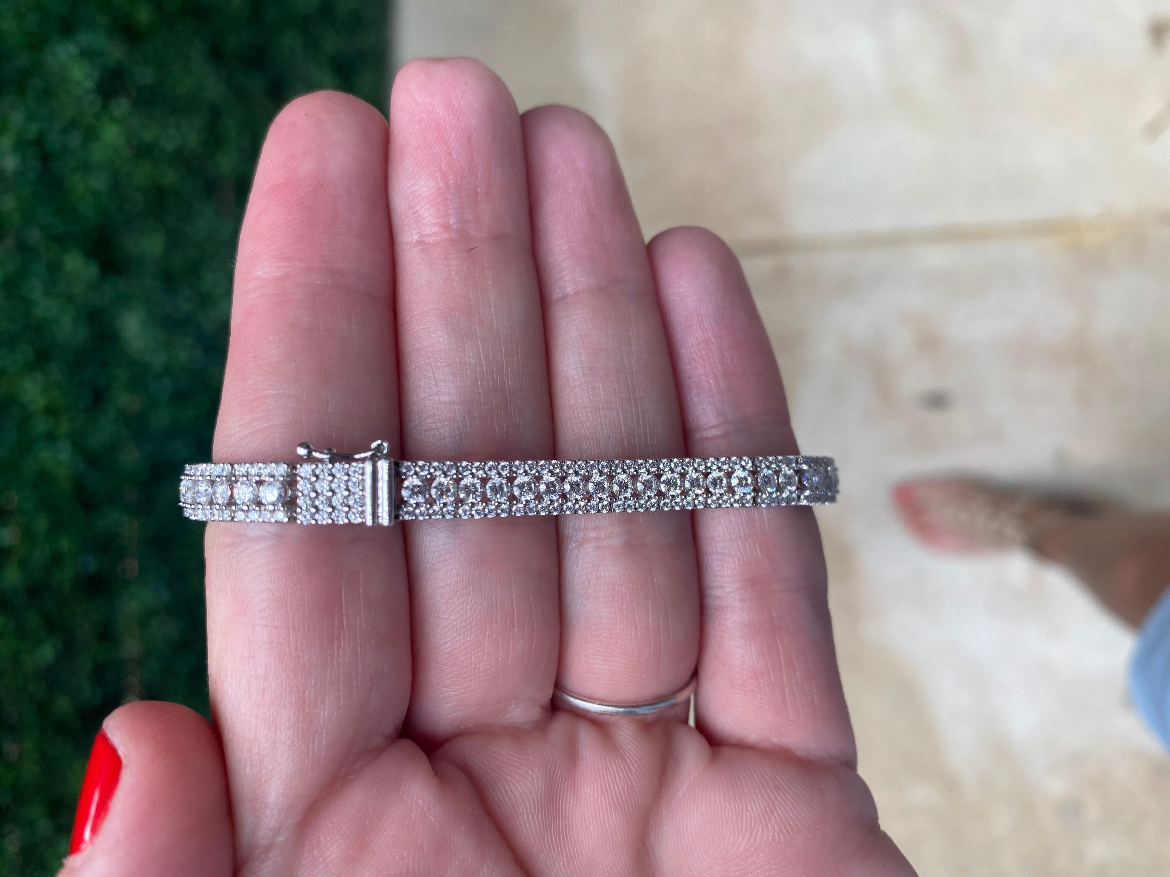 Women's or Men's 14k White Gold 5.72ct Round Diamond and Pave Tennis Bracelet