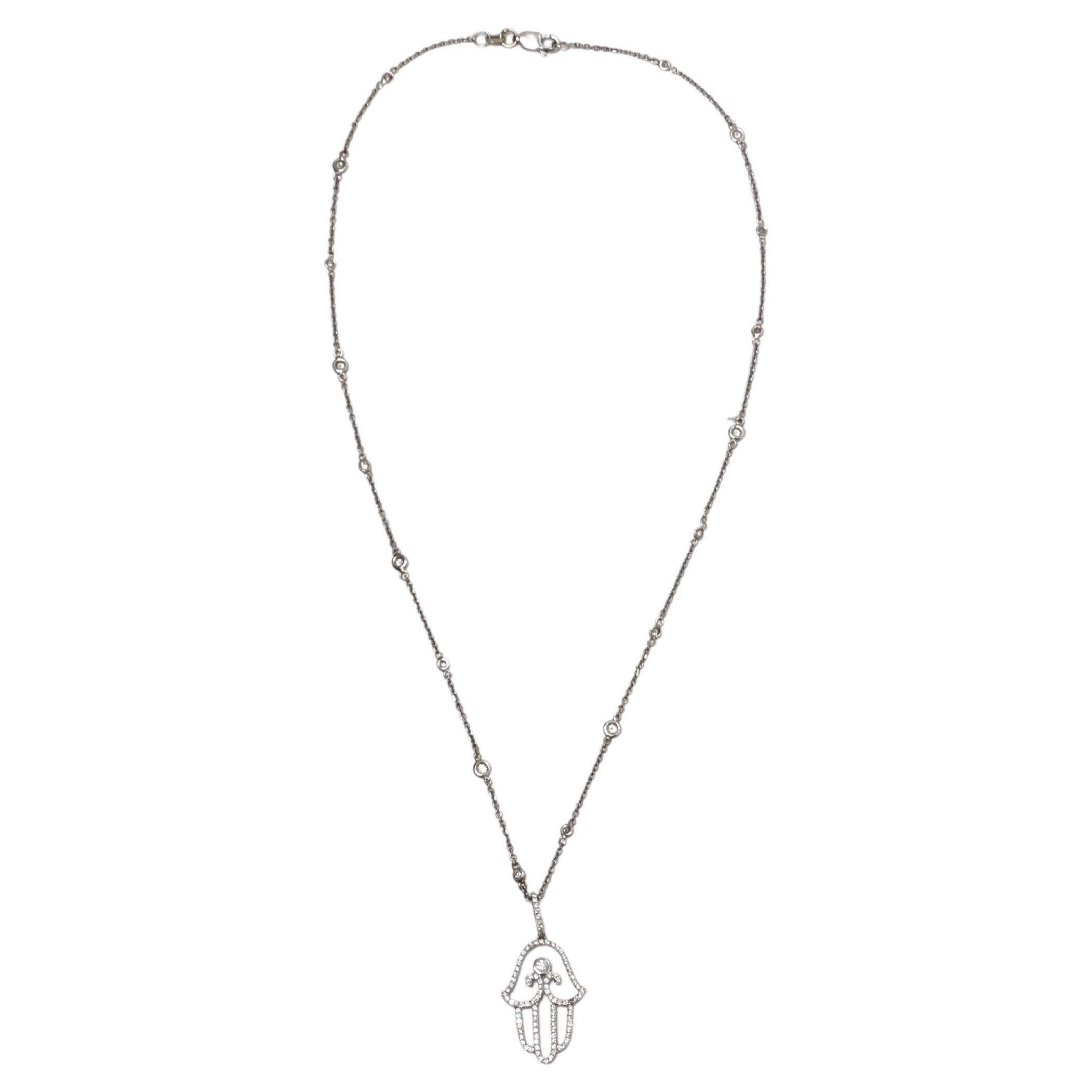 14k White Gold & 585 Hamsa Pendant Necklace With Diamonds