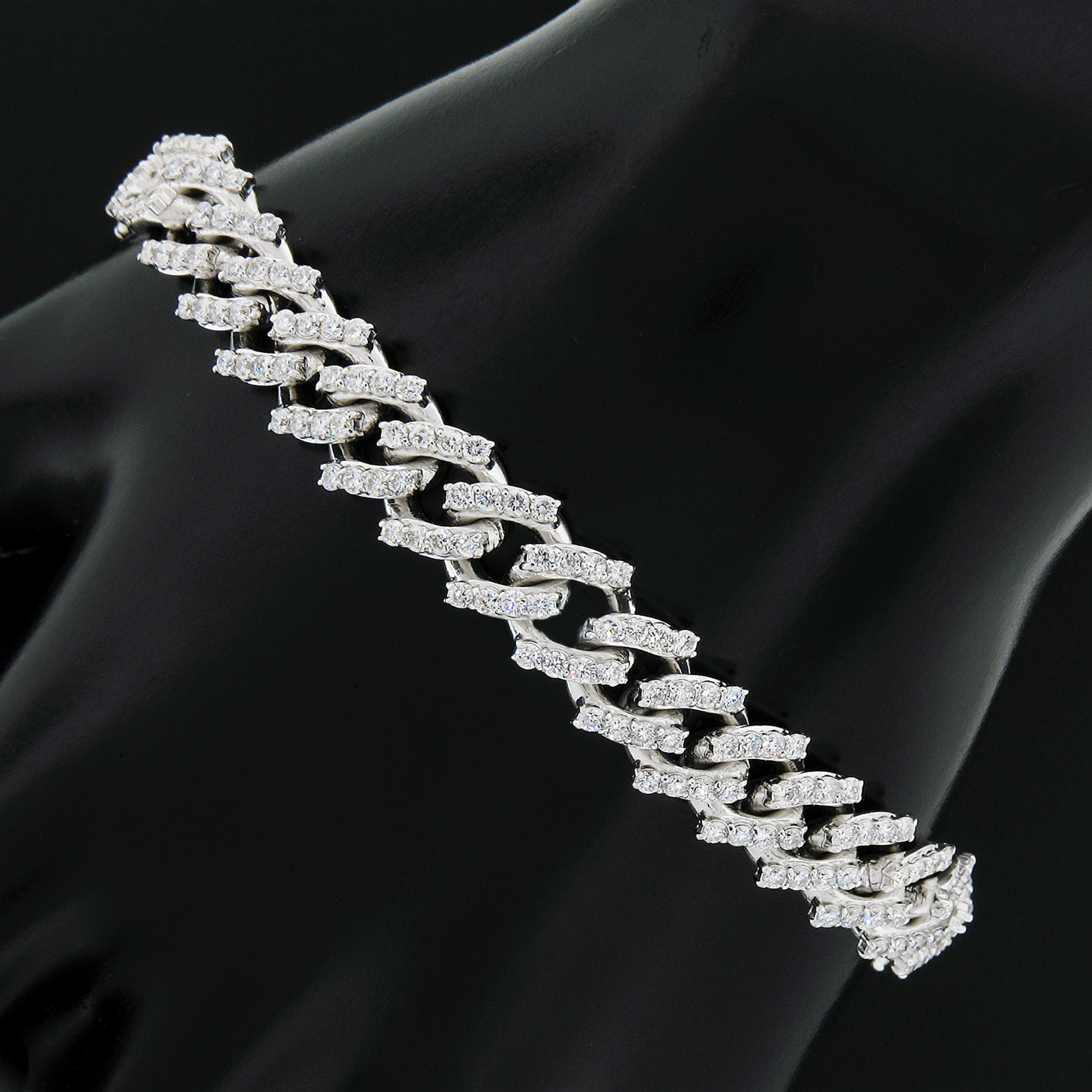 14K White Gold 5ct Round Diamond Covered Cuban Curb Link 9mm Wide Chain Bracelet In Excellent Condition For Sale In Montclair, NJ