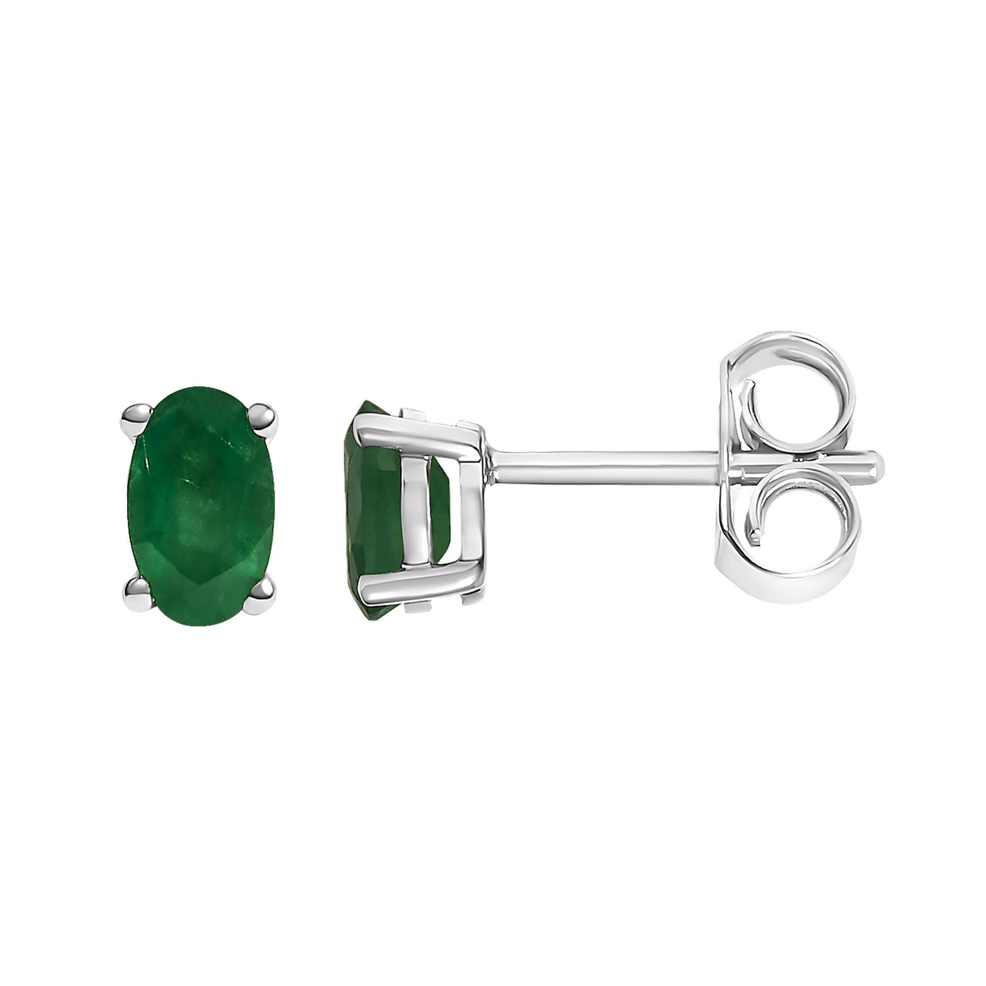 Modern 14K White Gold 5x3 MM Oval Green Emerald Solitaire Stud Earrings For Sale