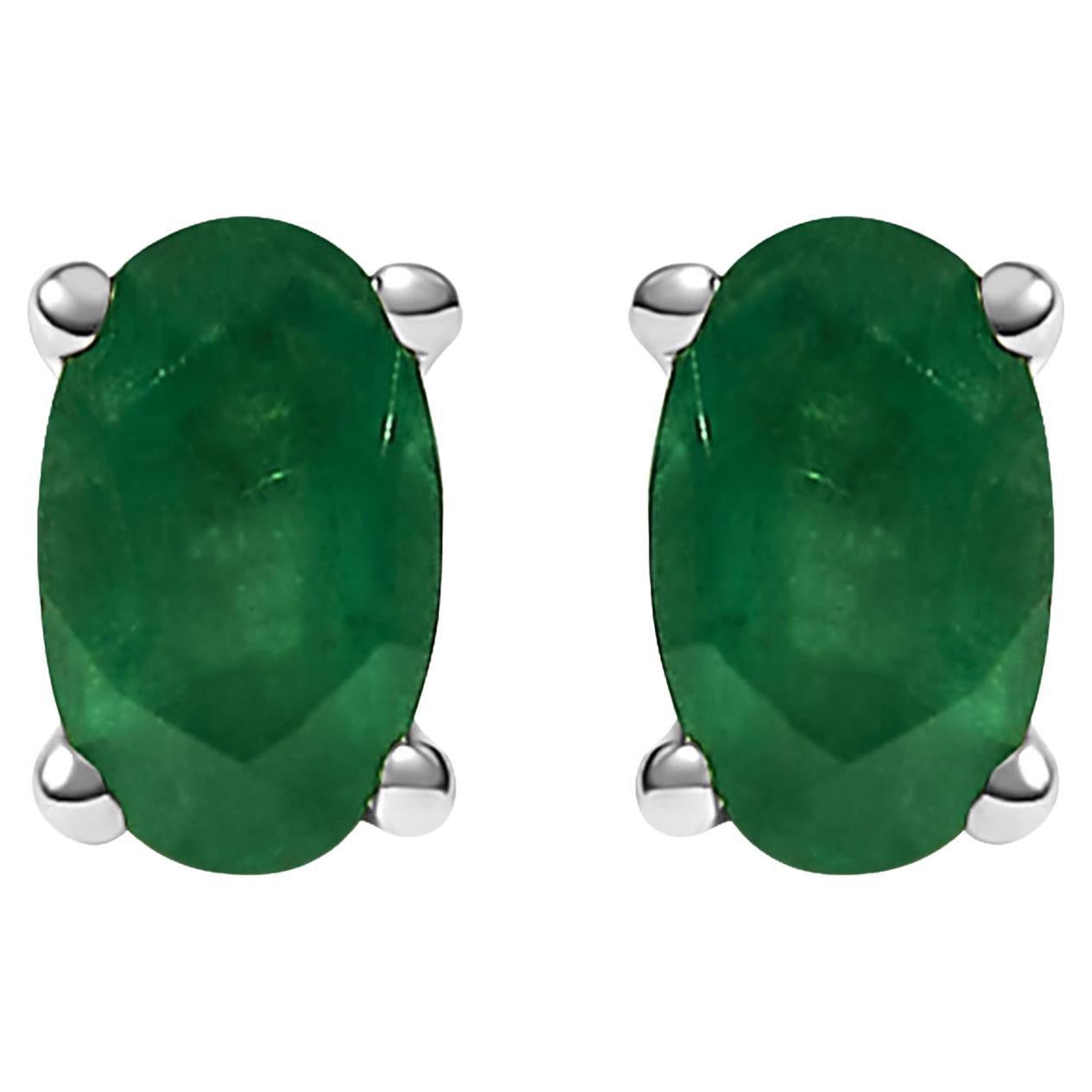 14K White Gold 5x3 MM Oval Green Emerald Solitaire Stud Earrings For Sale