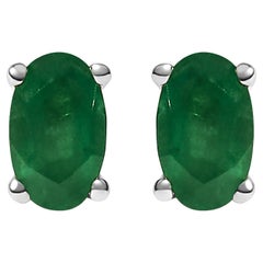 14K White Gold 5x3 MM Oval Green Emerald Solitaire Stud Earrings