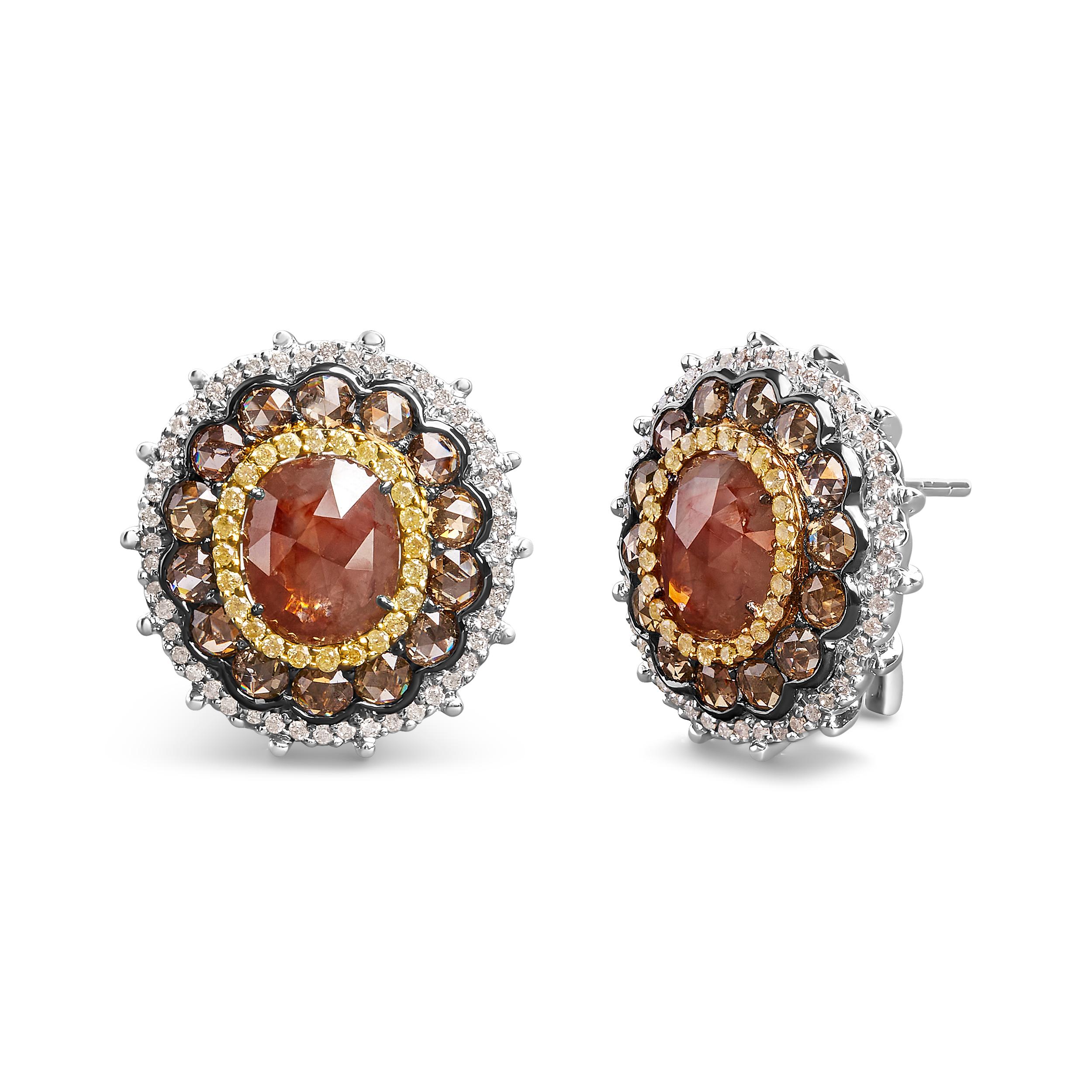 Introducing a captivating masterpiece that exudes elegance and sophistication. Crafted with meticulous attention to detail, these 14K White Gold Stud Earrings boast a remarkable 6 1/2 carat total weight of exquisite Rose and Round Cut Fancy Colored