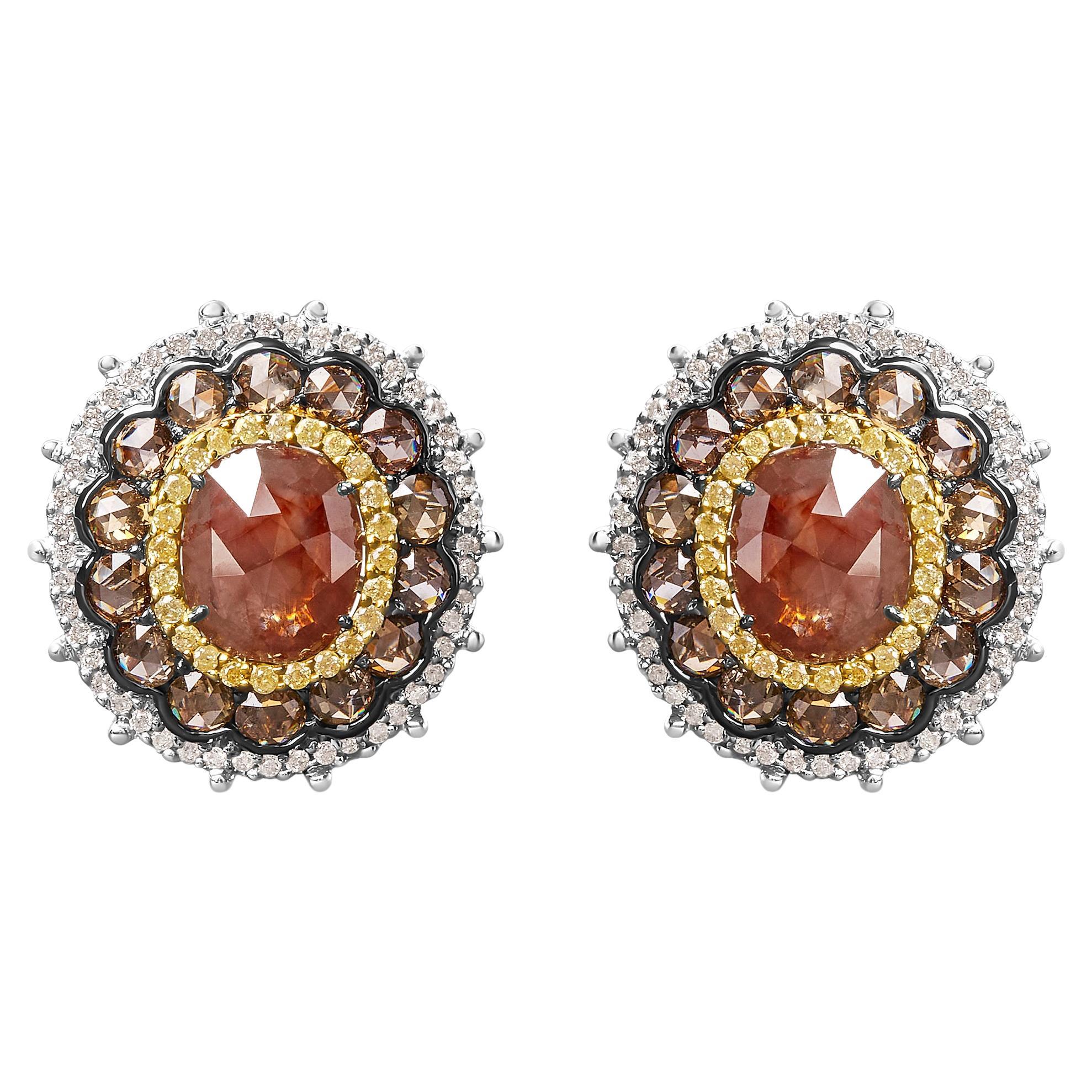 Clous d'oreilles en or blanc 14 carats avec triple halo de diamants de couleur fantaisie taille rose de 6 1/2 carats