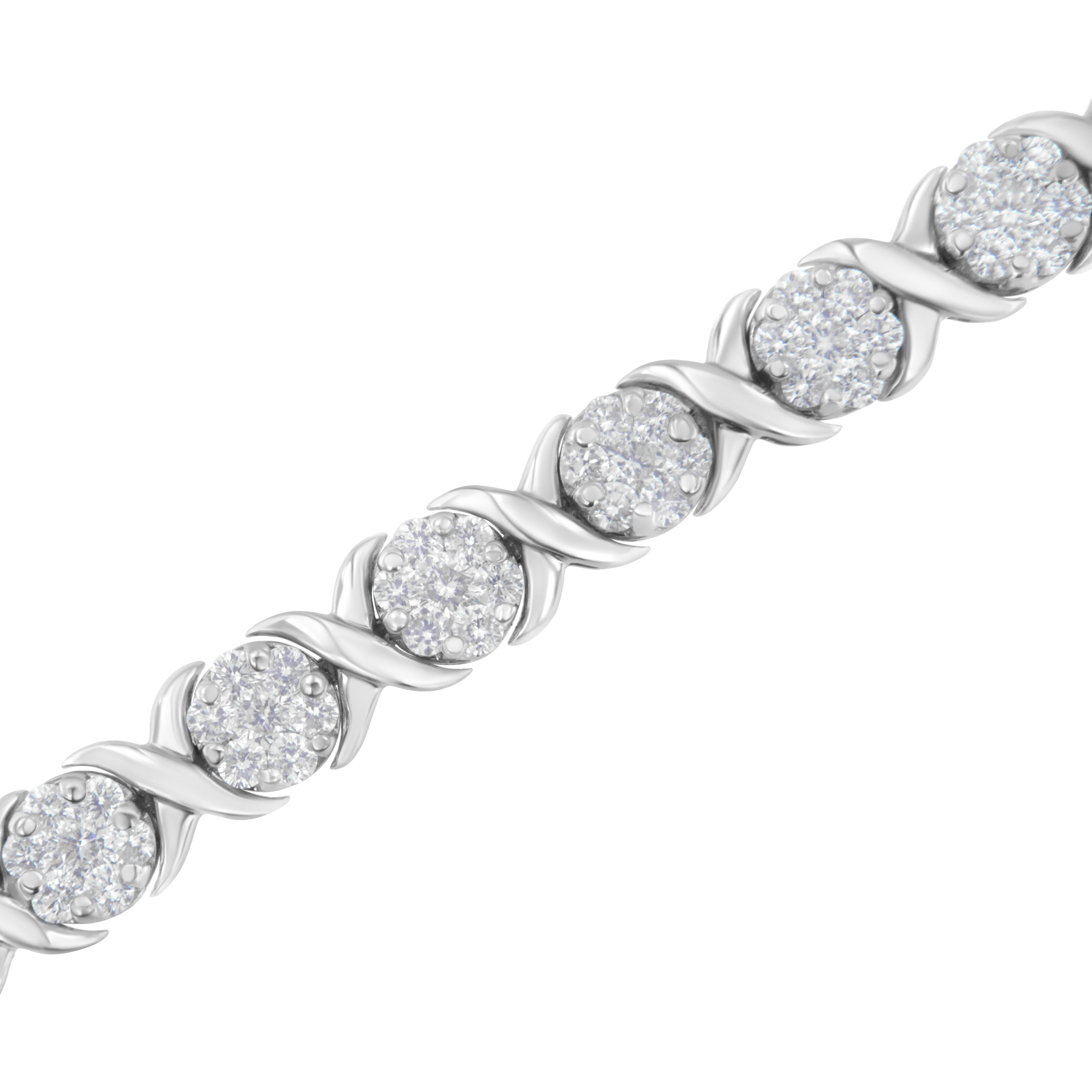 14K Weißgold 6 1/3 Karat Diamant-Cluster-Armband mit X-Gliederarmband (Rundschliff) im Angebot