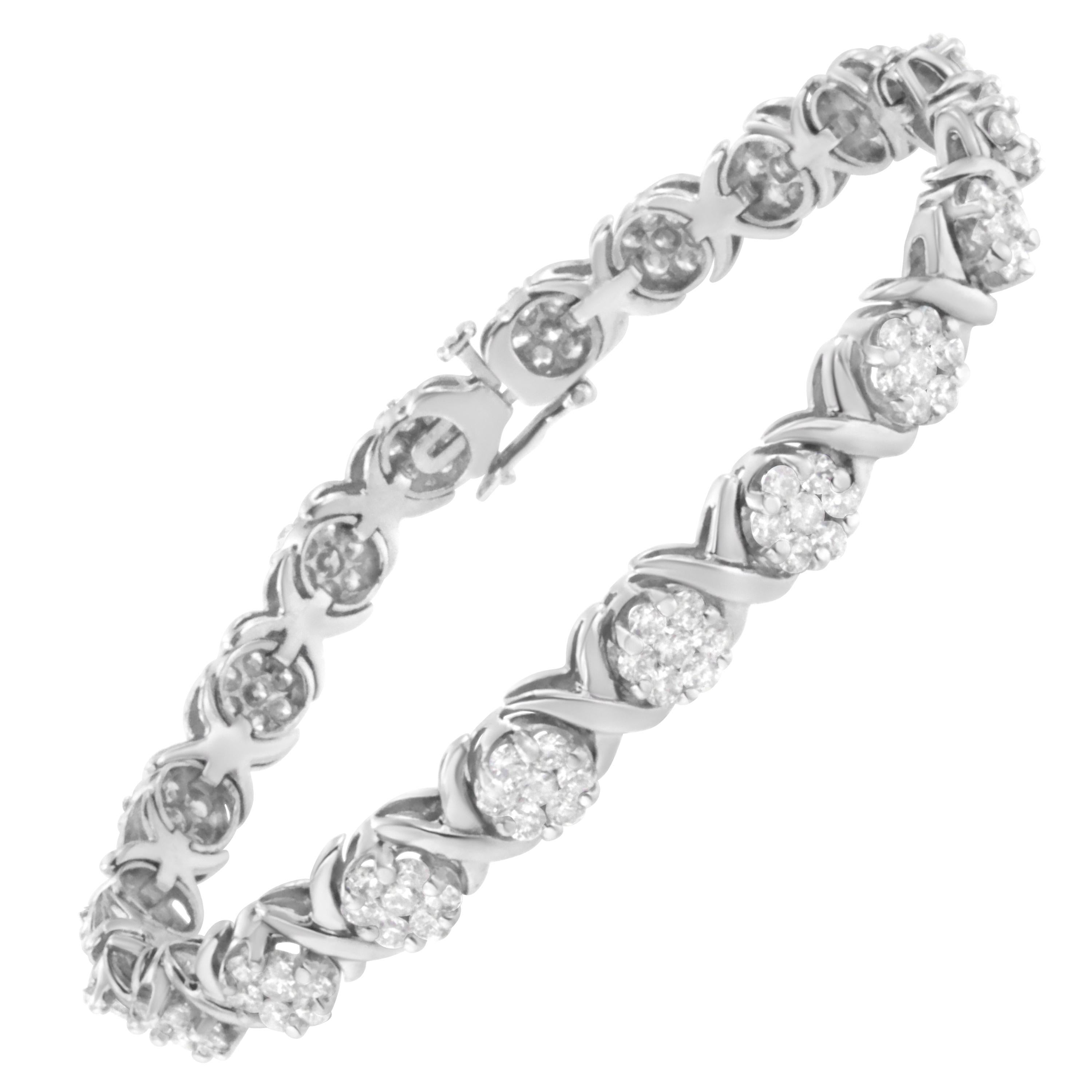 14K White Gold 6 1/3 Carat Diamond Cluster X-Link Bracelet For Sale
