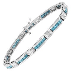 Bracciale tennis in oro bianco 14K con diamanti bianchi e blu trattati da 6 1/3 di carati