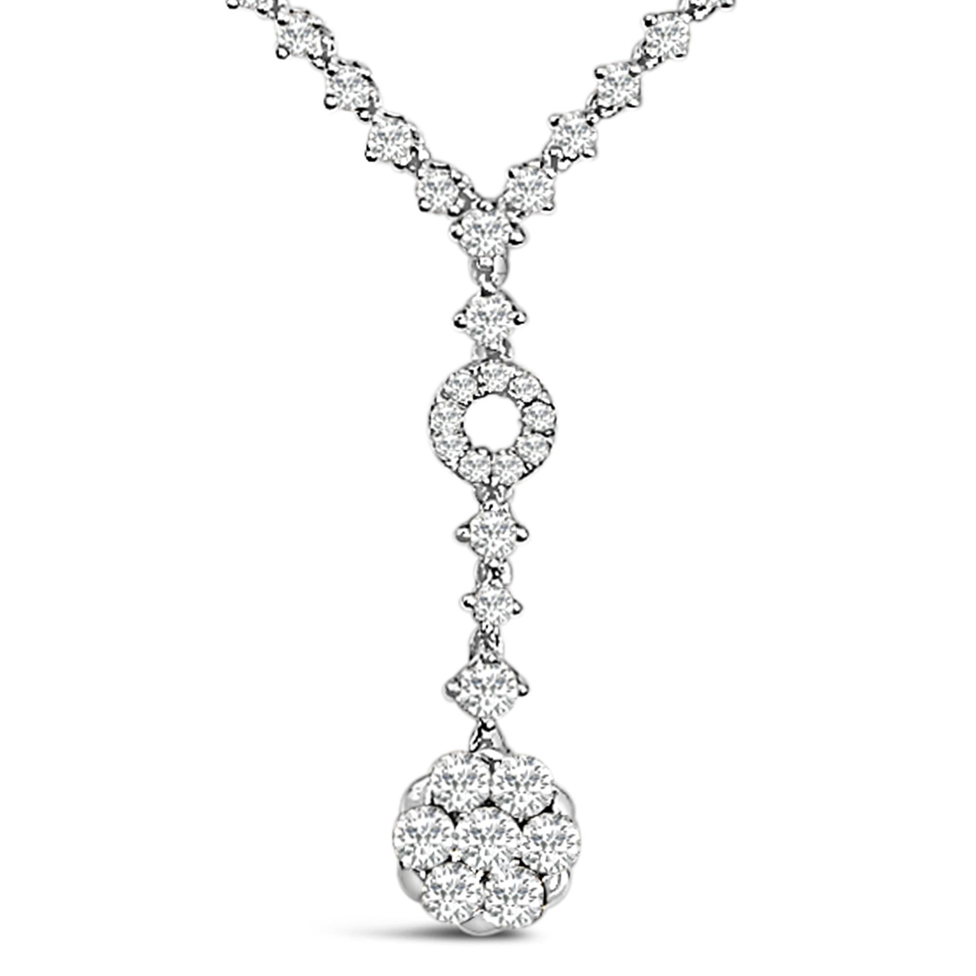Immerse yourself in the splendor of this exquisite 14K gold necklace, where elegance meets brilliance in a harmonious design. Encased in a rhodium-plated white gold finish, this jewelry piece captivates with its captivating V-shape adorned by a