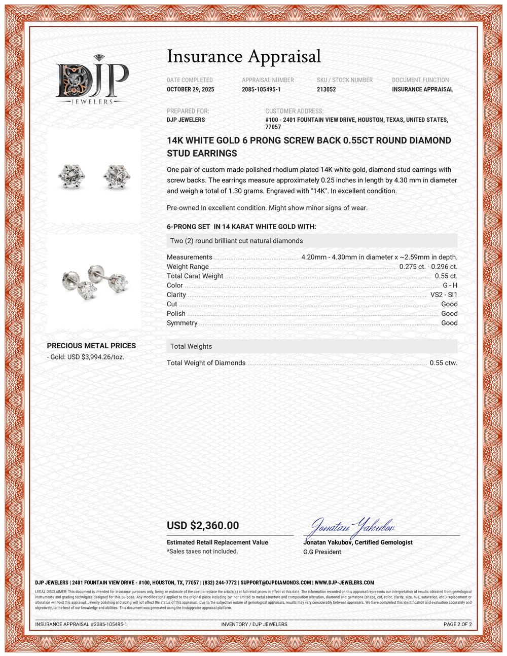 Orecchini in oro bianco 14K a 6 punte con chiusura a vite con diamante rotondo da 0,55 carati in vendita 4