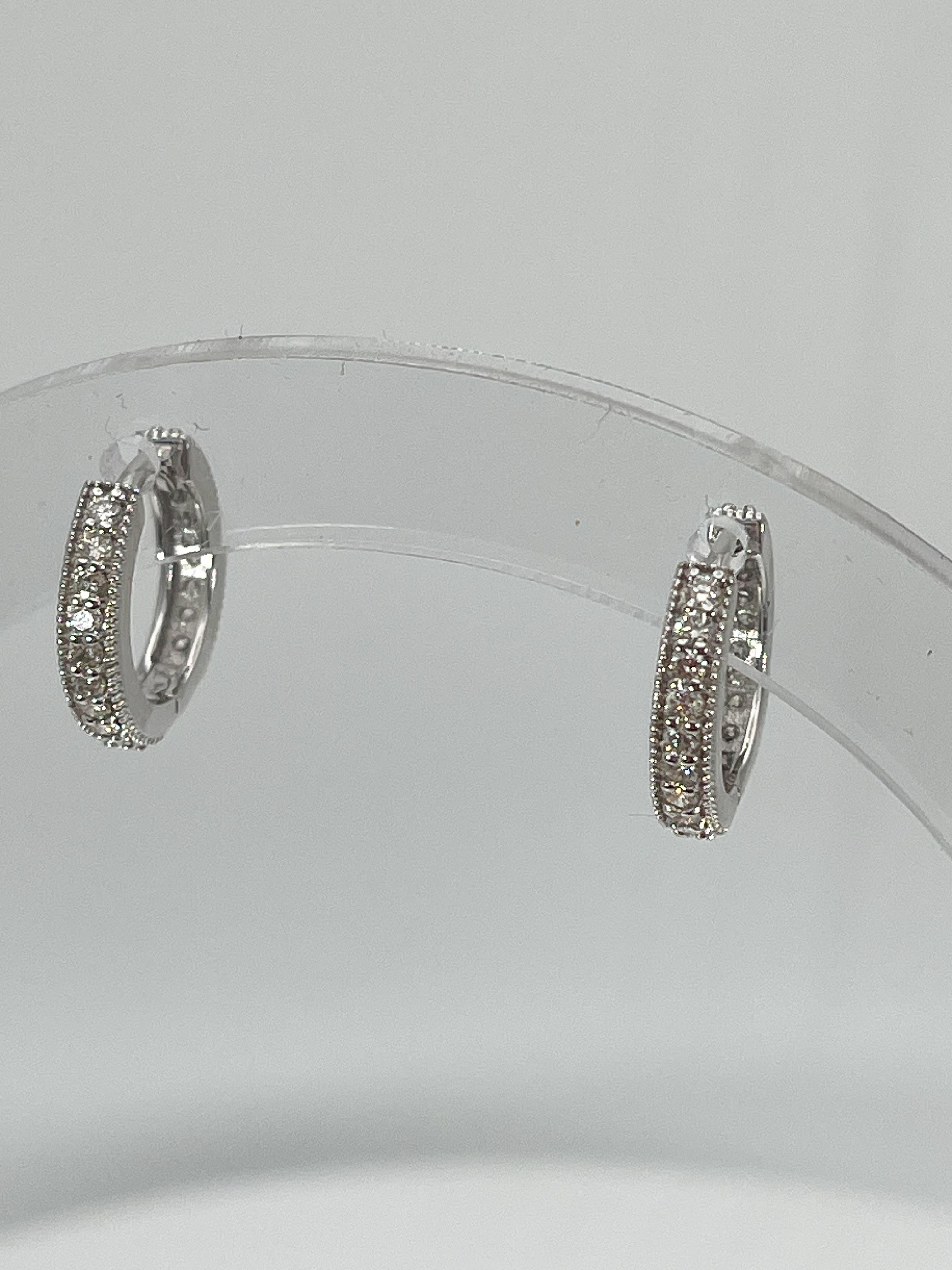 Round Cut 14K White Gold .60 CTW Diamond Huggie Hoops For Sale
