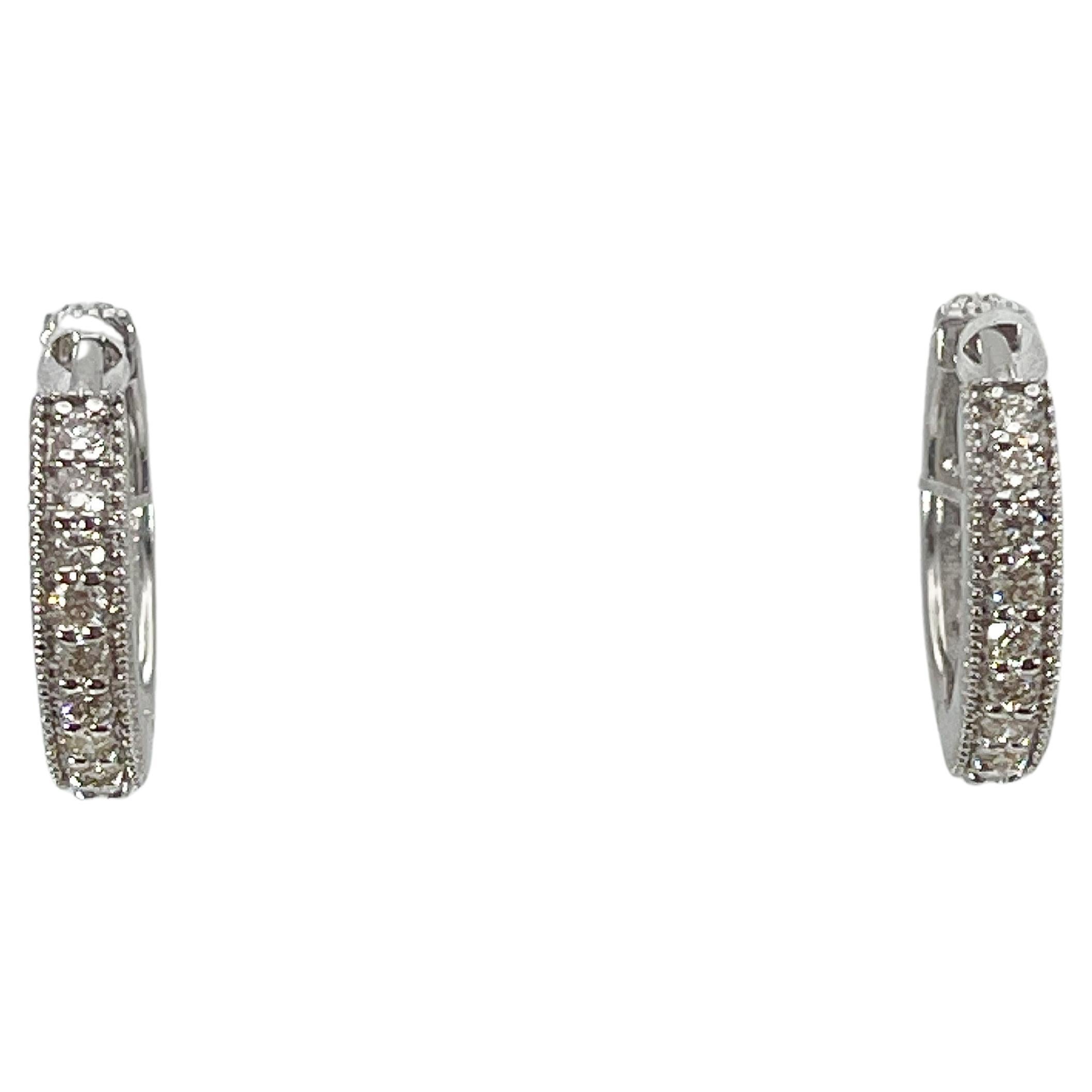 14K White Gold .60 CTW Diamond Huggie Hoops For Sale