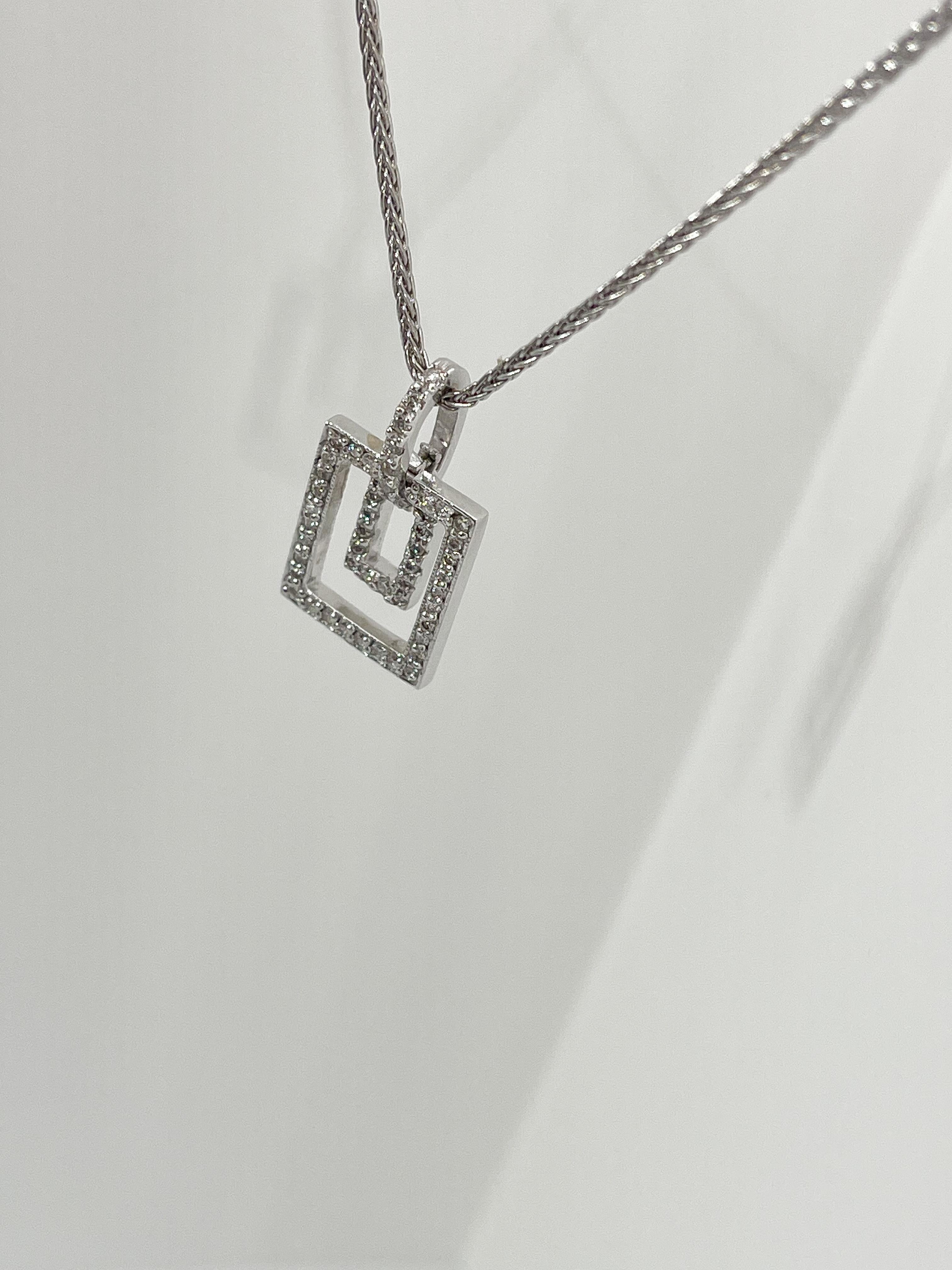 14K White Gold .60 CTW Double Diamond Rectangle Pendant Necklace  In Good Condition For Sale In Stuart, FL