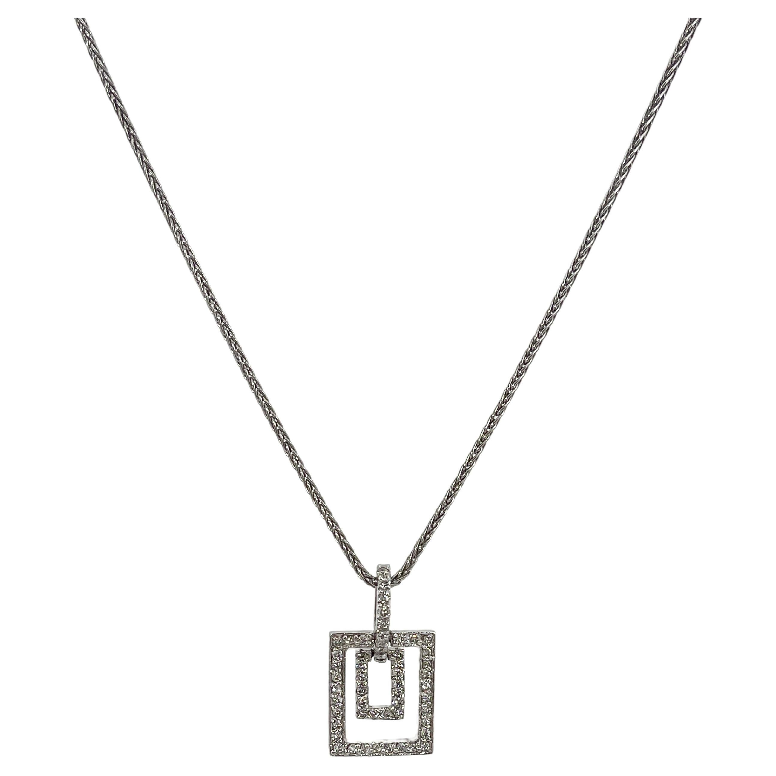 14K White Gold .60 CTW Double Diamond Rectangle Pendant Necklace