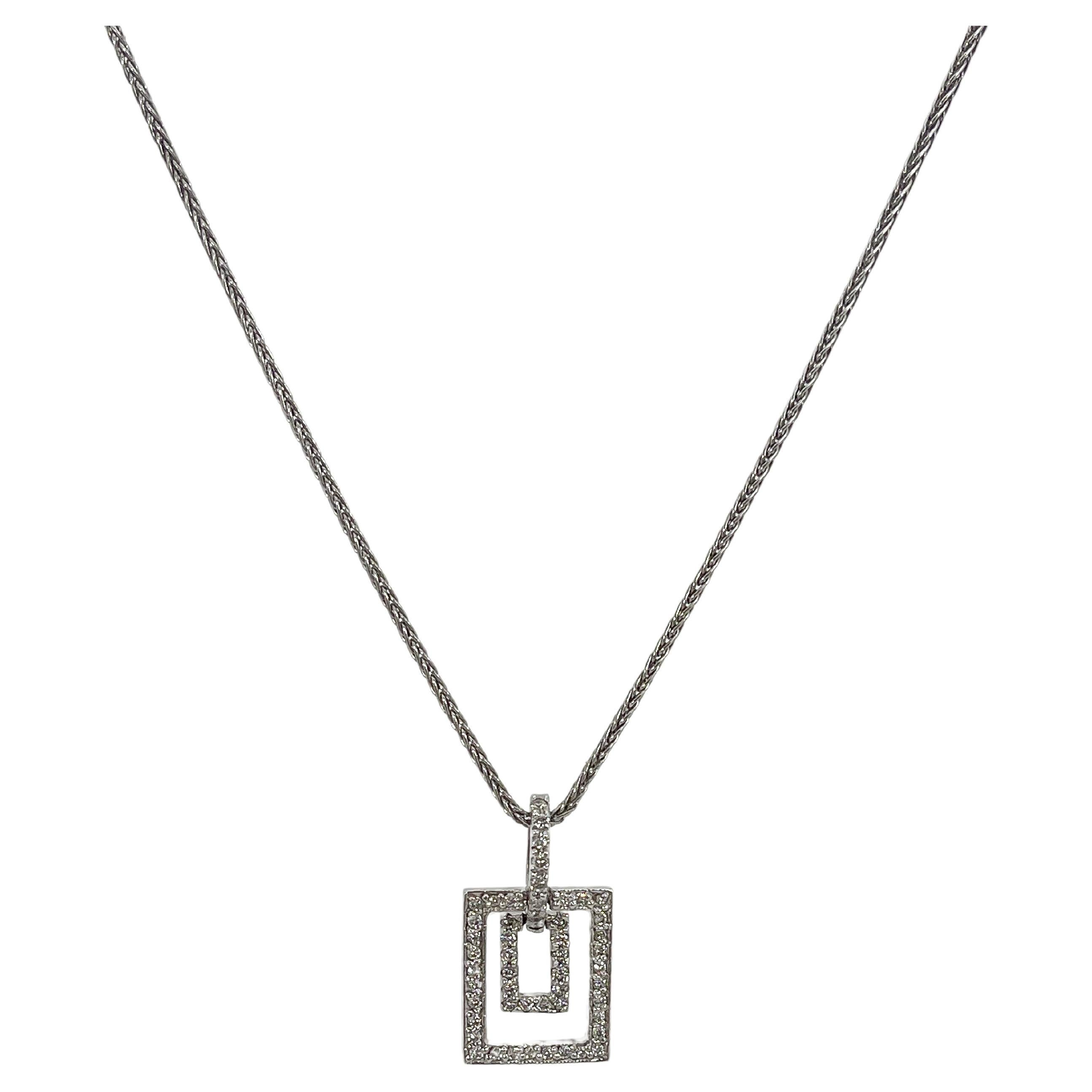 14K White Gold .60 CTW Double Diamond Rectangle Pendant Necklace 