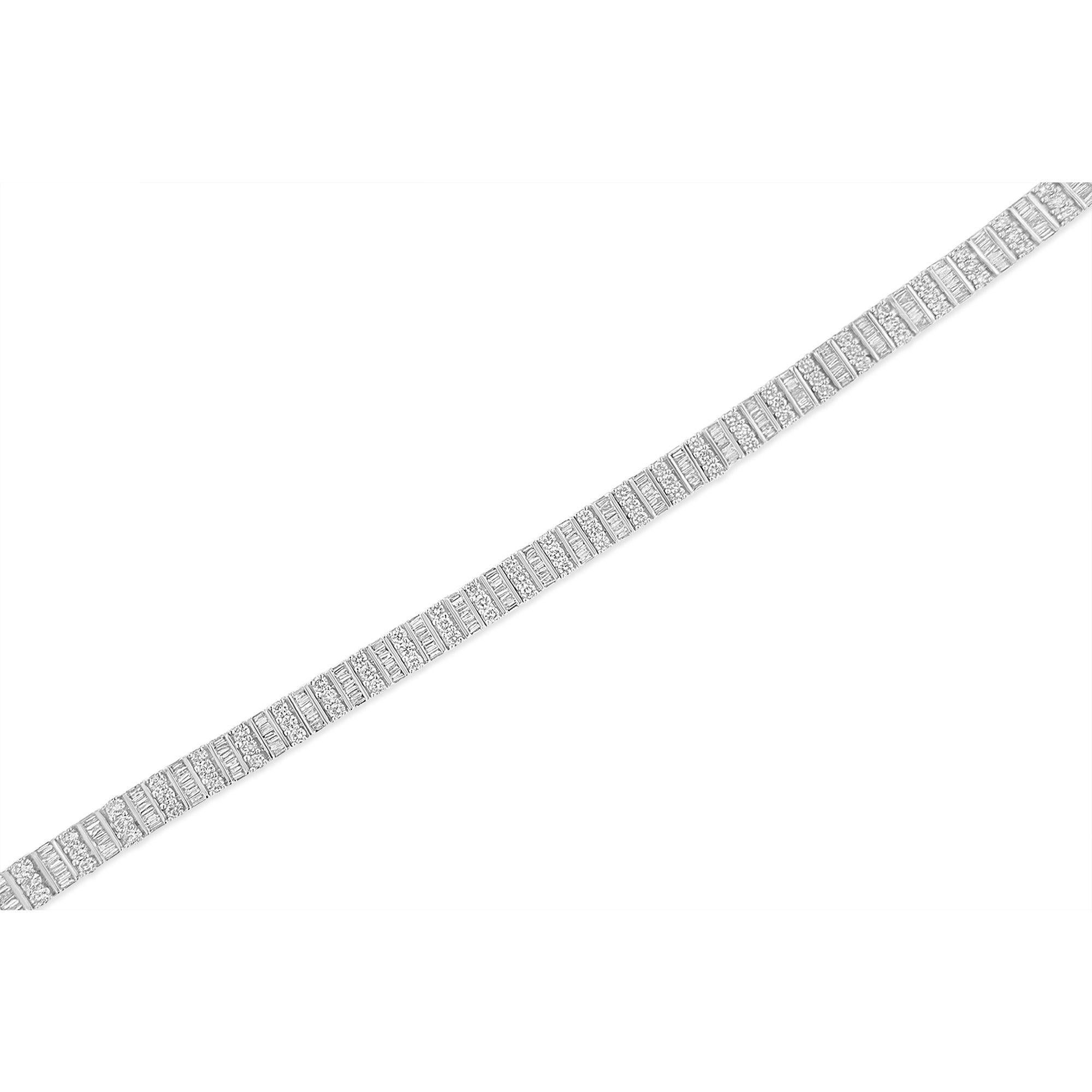 Round Cut 14K White Gold 6.00 Carat Alternating Round and Baguette Diamond Tennis Bracelet For Sale