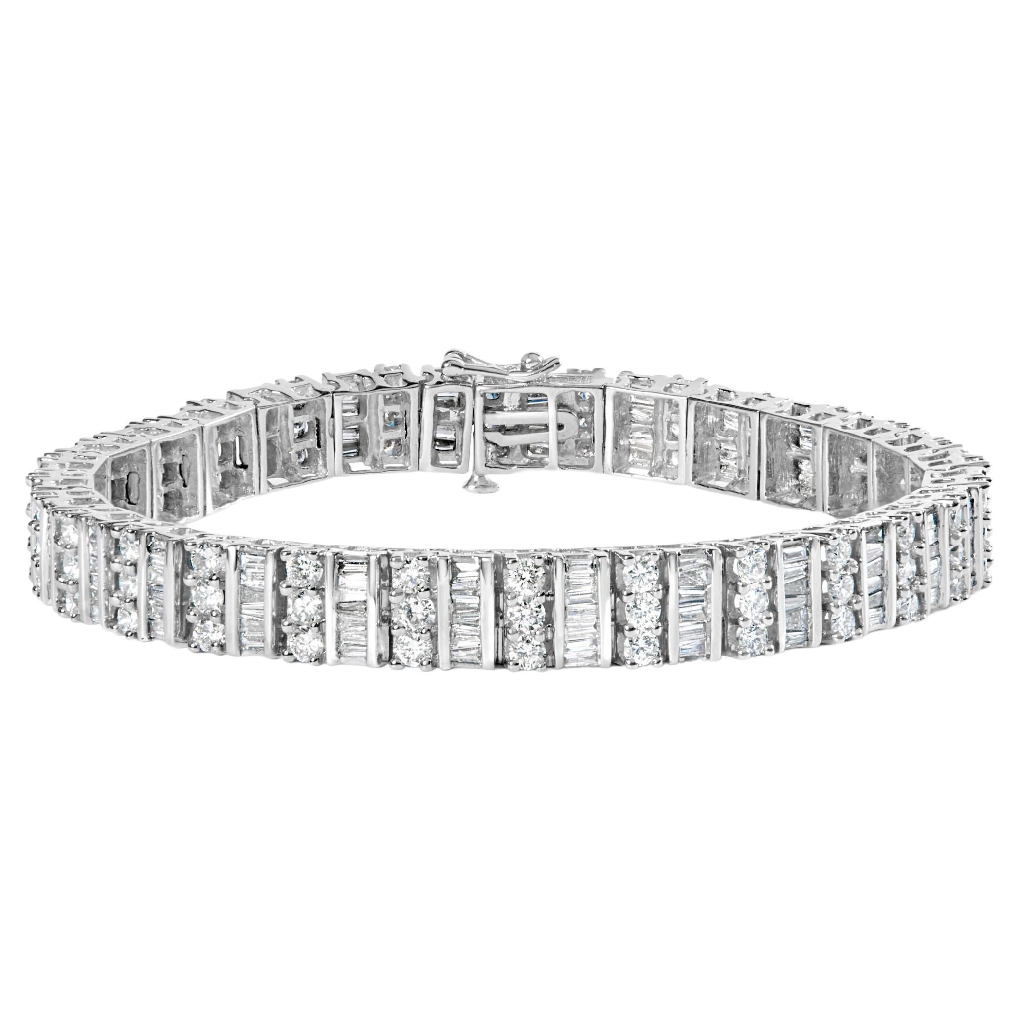 Bracelet tennis en or blanc 14 carats avec diamants ronds et baguettes alternés de 6,00 carats