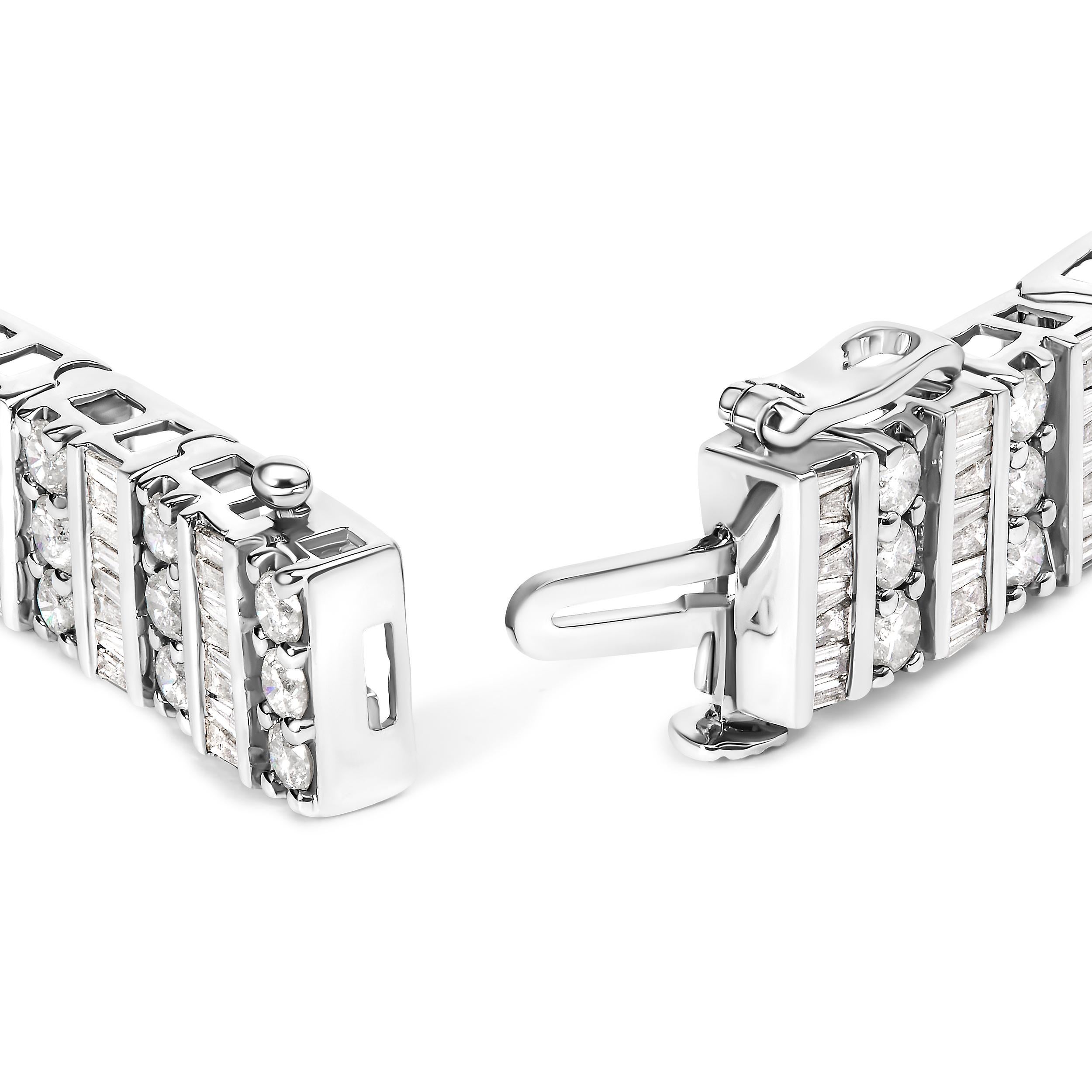 Envelop your wrist in the sheer elegance of this 14K White Gold Diamond Tennis Bracelet, where luxury seamlessly intertwines with geometric harmony. In a dance of light and precision, alternating baguette and round diamonds cascade in a rhythmic