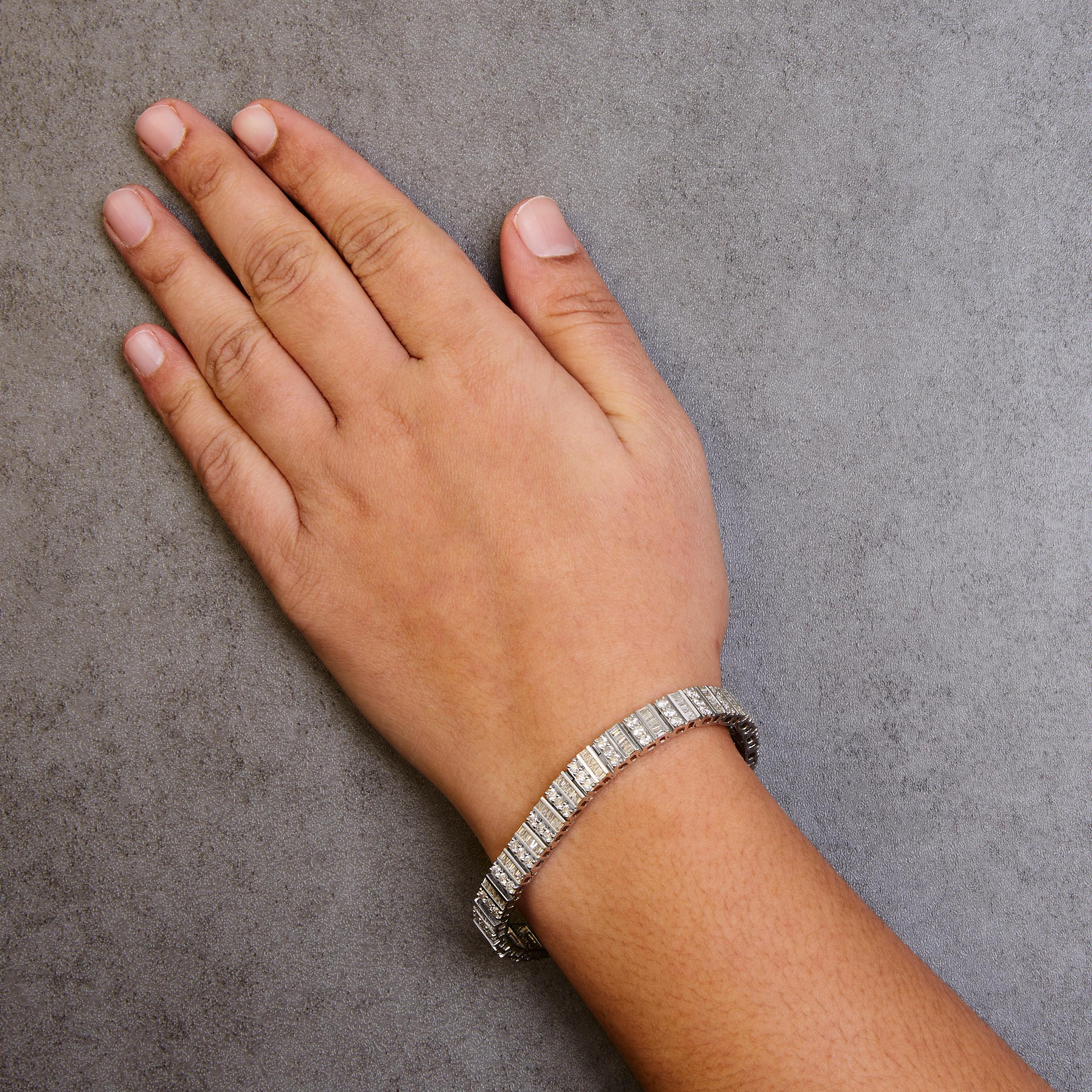 Women's 14K White Gold 6.00 Cttw Round and Baguette Diamond Tennis Bracelet- 7
