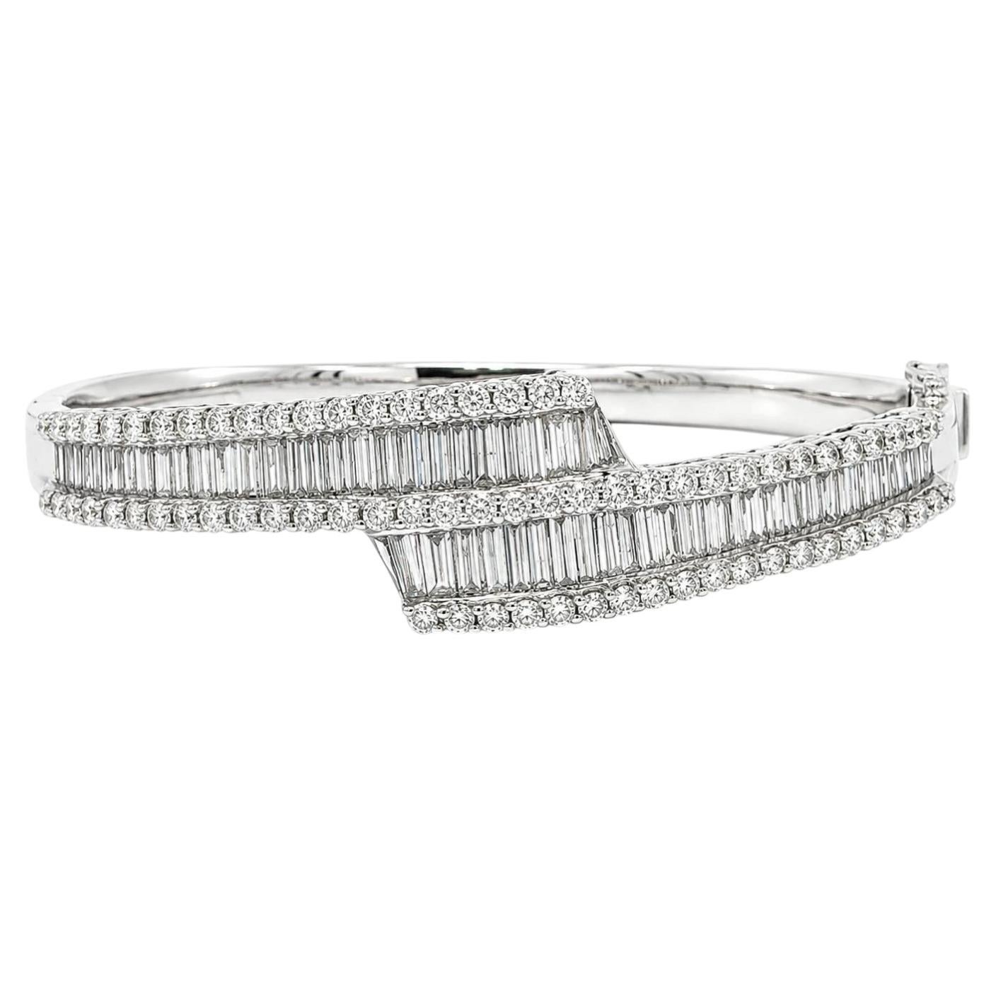 14k White Gold 6.08ctw Fiery Brilliant Baguette & Round Diamond Hinged Bracelet