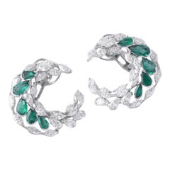 14K White Gold 6.14 Ct Diamond & 3.85 Ct Zambian Emerald Hoop Earrings for Gift